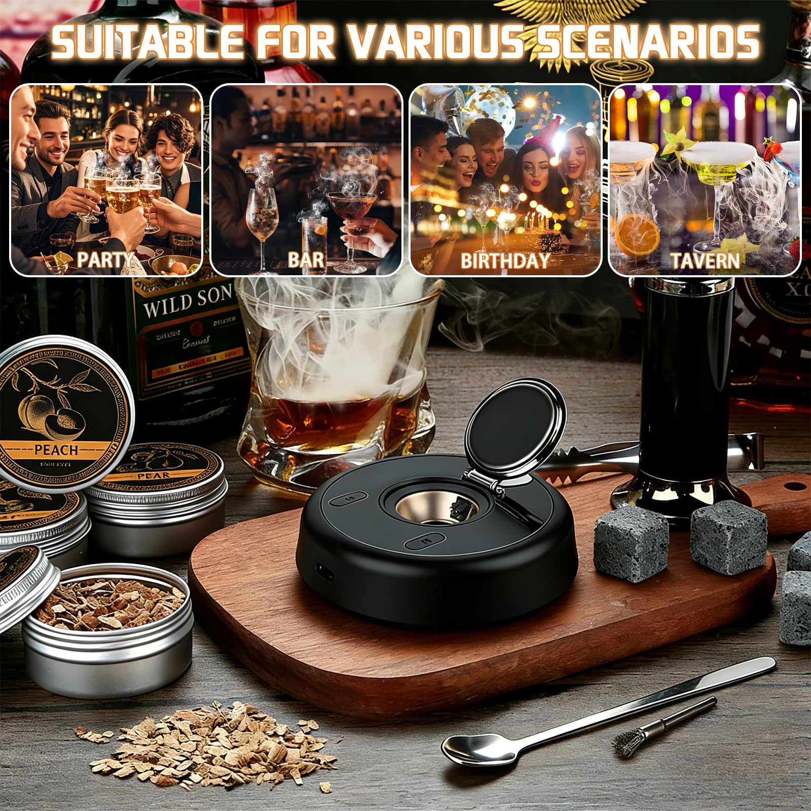 Zestaw do wędzenia whisky, elektryczny zestaw do wędzenia koktajli z 6 aromatami drewna, światło RGB, zestaw prezentowy do whisky, napojów, kawy, prezenty do whisky dla mężczyzn, prezent urodzinowy
