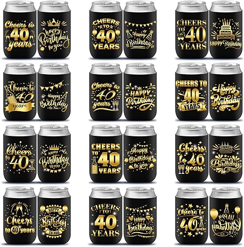 24 piezas de decoración de manga para enfriar latas de cumpleaños, funda de cerveza para cubrir feliz cumpleaños, negro y dorado (40)