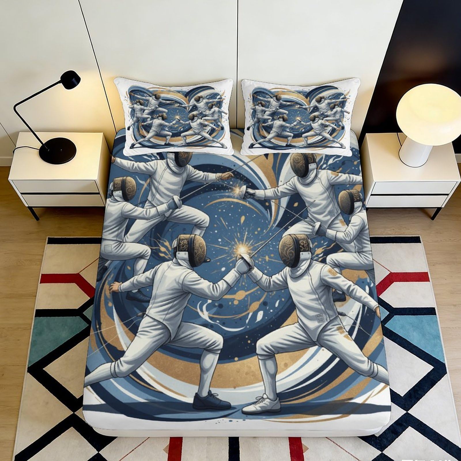 3D Printed Fencing Duel Fitted Sheet Microfiber Artistic Blue Gold Galaxy Mattress Cover Anti-Slip Machine Washable Bedding Decor 90x200x25cm