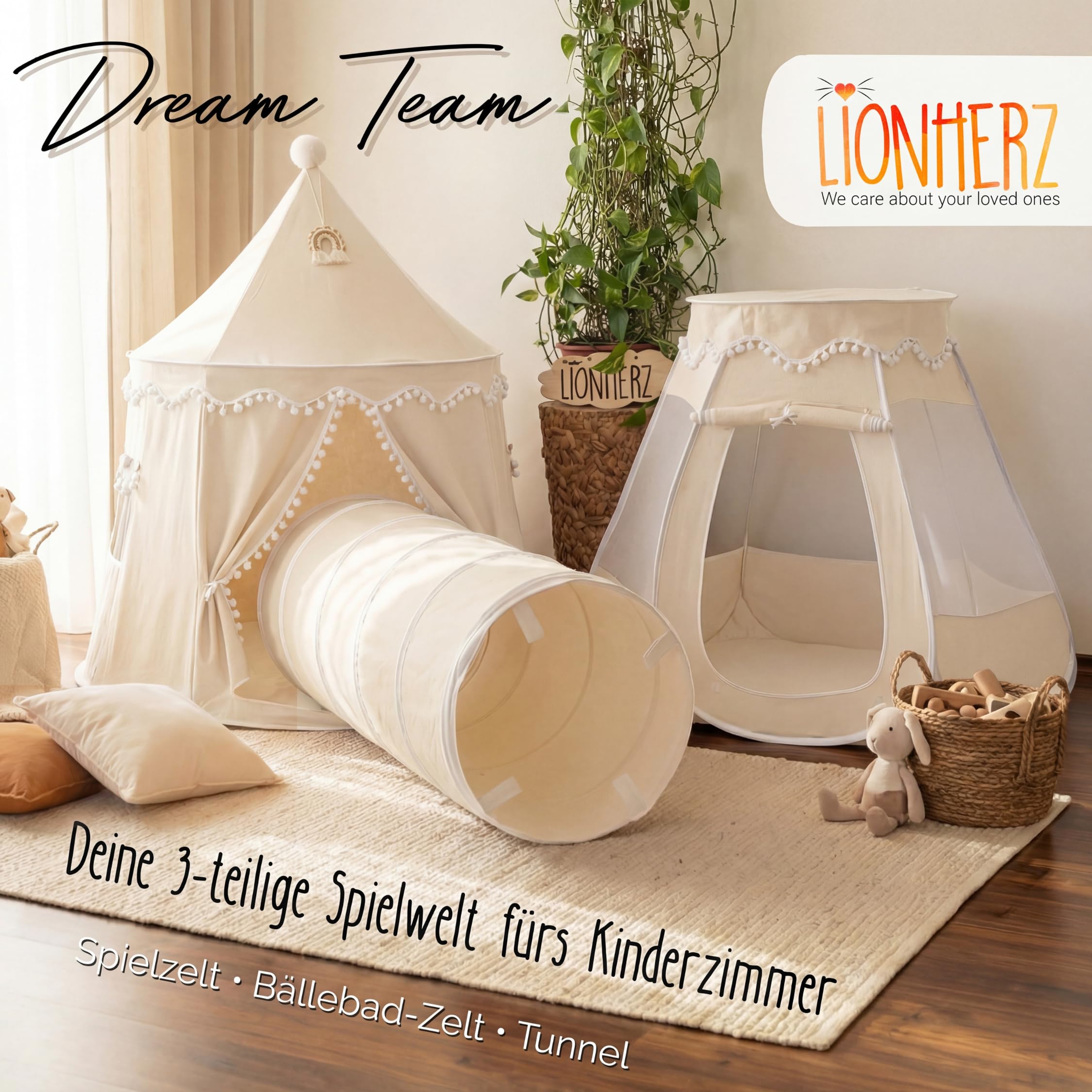 LIONHERZ® Spieltunnel für Kinder aus Baumwolle/Hanf mit Klettverschlüssen [180cm x 46cm] Krabbeltunnel für Baby | Faltbarer Pop-up Kriechtunnel | passend zu unserem runden Spielzelt (Cremeweiß)