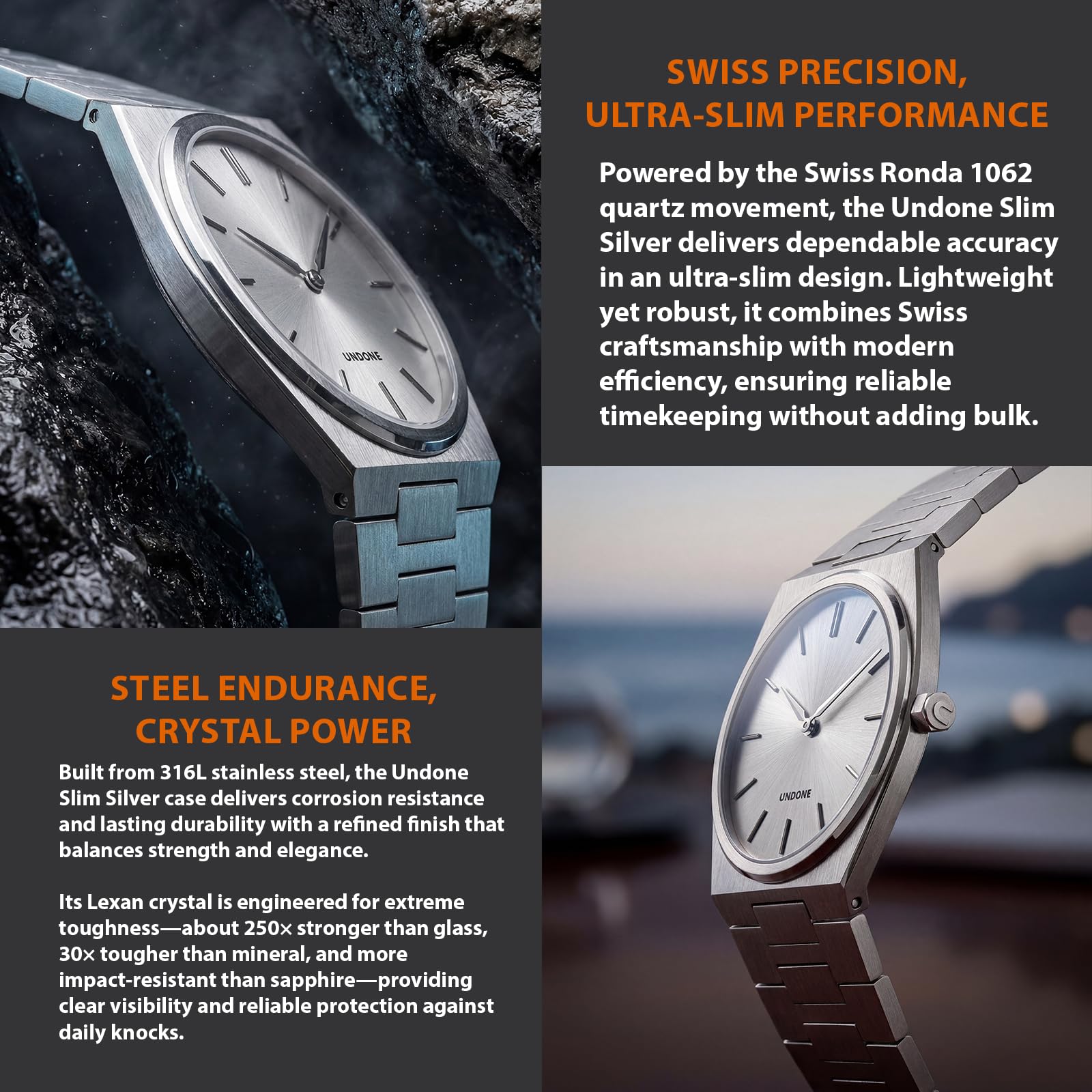 UNDONE Slim – Herrenuhr, Uhren für Herren – 37 mm Edelstahlgehäuse und Armband, Sunray Silver Zifferblatt, Schweizer Ronda 1062 Uhrwerk – Geschenk