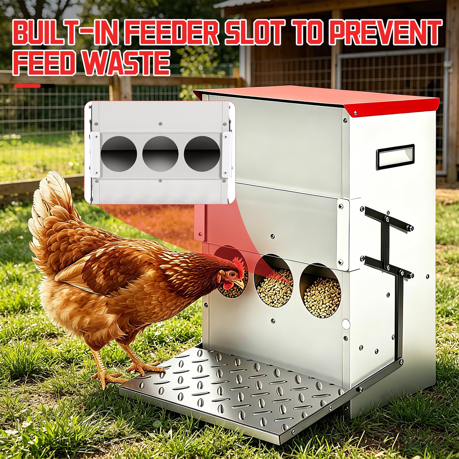 Comedero Automático para Pollos con Pedal De Metal, 15kg Alimentador para Varias Gallinas y Patos, Fácil De Usar y Limpiar