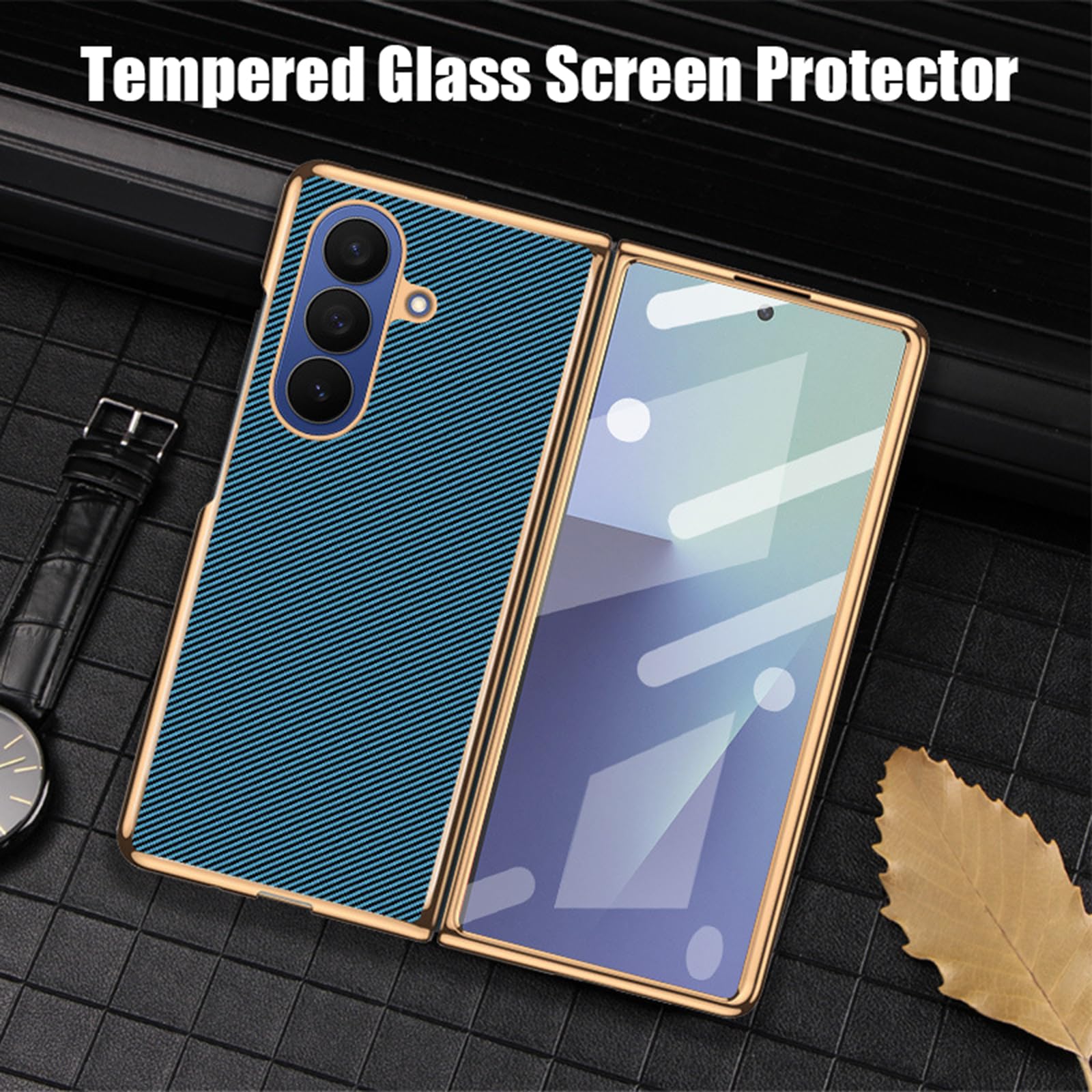 Galwanizowane etui do Samsung Galaxy Z Fold 7, wytrzymałe etui ochronne ze wzorem z włókna węglowego z osłoną ekranu ze szkła hartowanego (niebieskie)