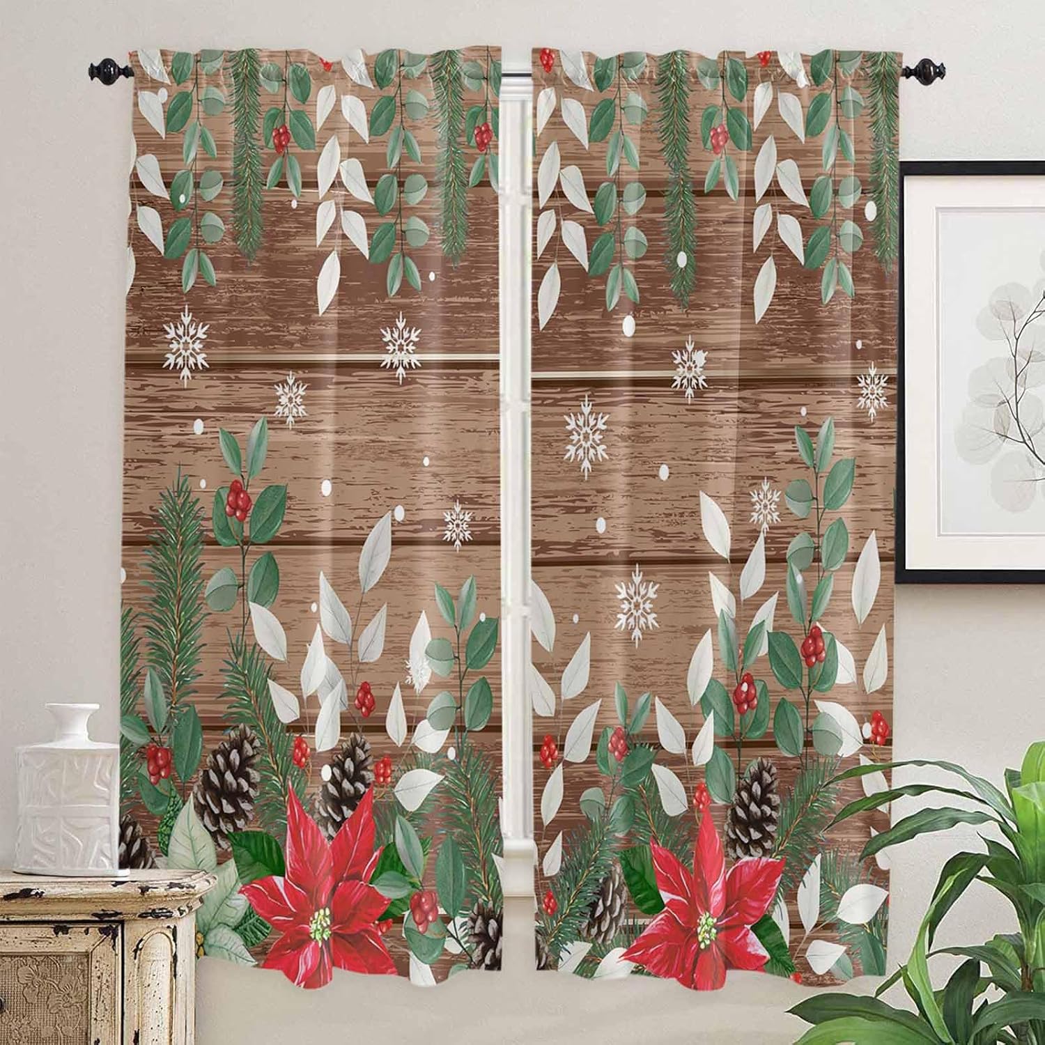 Christmas Poinsettia Window Curtains 72 Inch Long 2 Panel Set,Rod Pocket Long Curtains & Drapes,Farmhouse Eucalyptus Botanical Xmas Light Filtering Window Treatment for Bedroom Living Room 52"W x 72"L