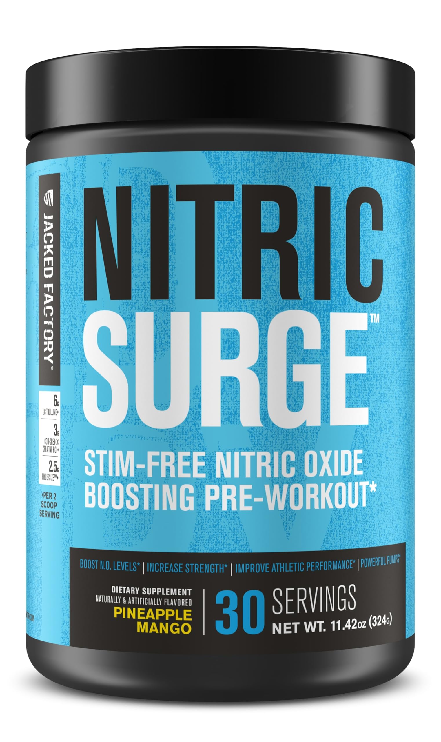 Nitric Surge Stim Free Pre Workout Powder - Caffeine-Free Nitric Oxide Supplement w/Con-Cret Creatine, L Citrulline, & GlycerSize Glycerol - Pineapple Mango, 30 Servings