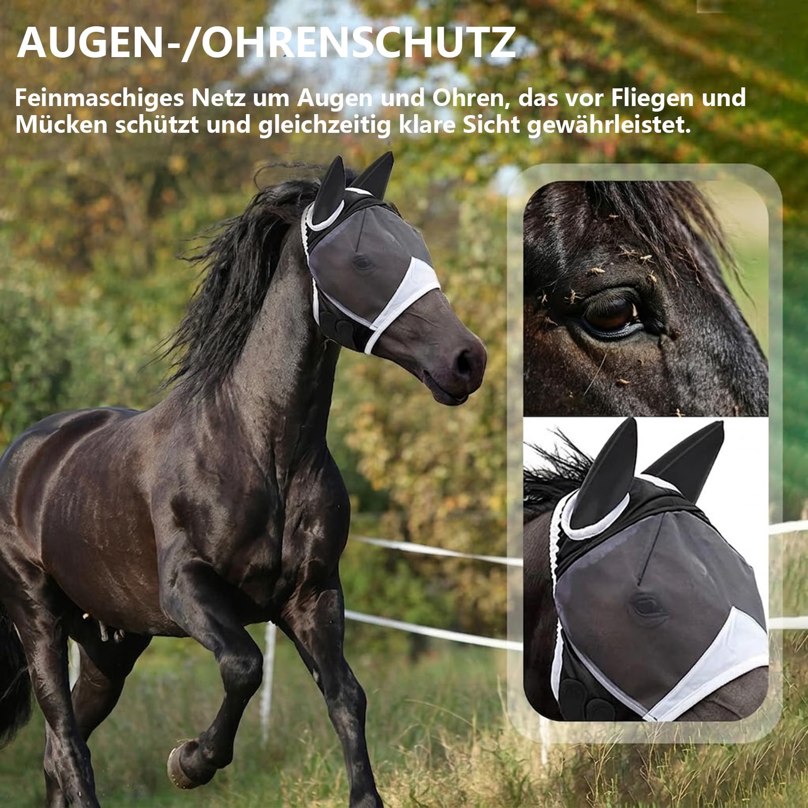 Fliegenmaske Pferd, fliegenmaske Pferd cob One Piece Fliegenhaube mit Fliegenohren für Pony, Kleine und Mittlere Pferde Elastisches Material, Atmungsaktiv, Leicht, UV-Schutz, Weich & Passgenau