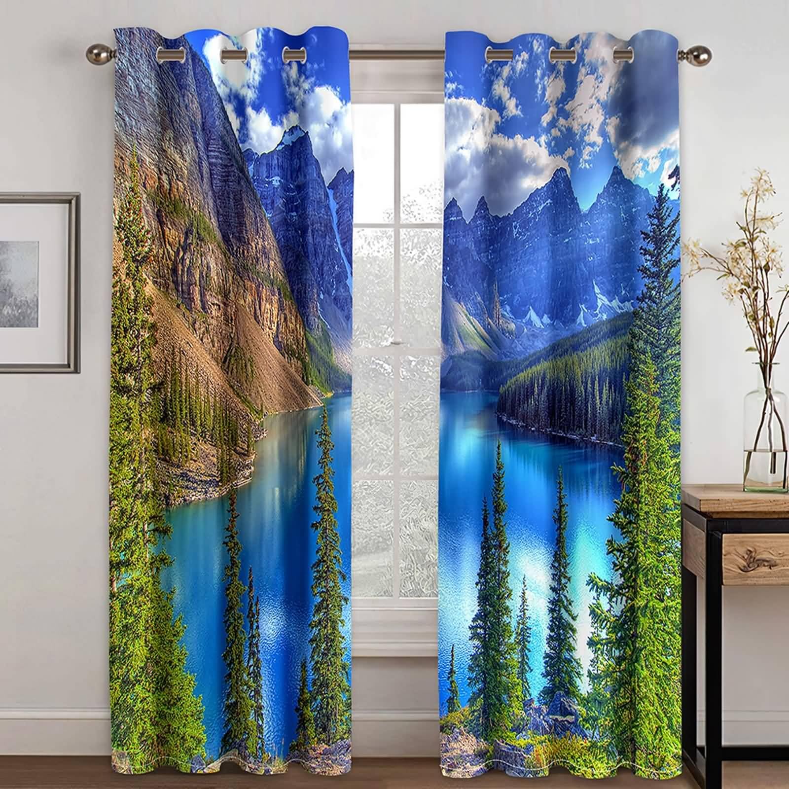 Blickdichter Vorhang mit Ösen, 234x244cm Blau Grün Braun See Gebirge Wald Landschaft Vorhang für Schlafzimmer-Fenstervorhänge