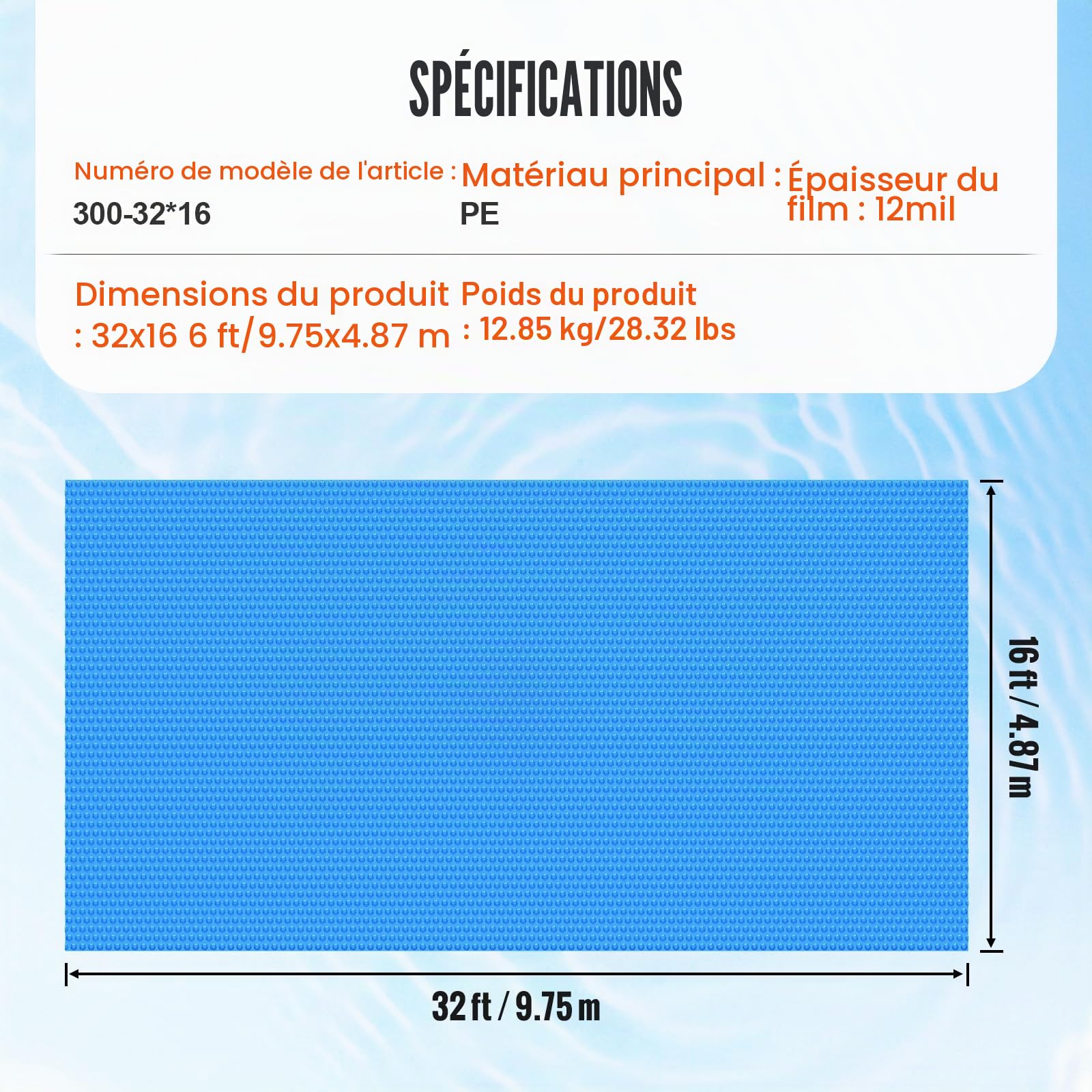 VEVOR Couverture Solaire pour Piscine, 9,75 x 4,87 m, bâches solaires rectangulaires pour Piscine, épaisseur de 0,3 mm, Protecteur de Piscine pour Piscine Hors Sol creusée, pour Chauffer l'eau, Bleu