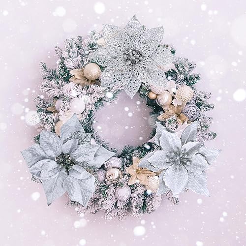 Miniatura 8 de Winlyn Juego de 26 piezas de 3 estilos de flores de Pascua plateadas con purpurina para árbol de Navidad y 12 yardas, cinta decorativa plateada con