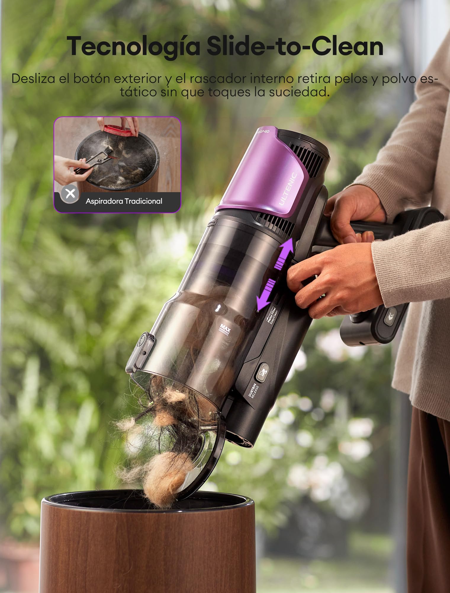Ultenic U20Mopper Aspiradora sin Cable 60KPa/60Min, con Tanque Extraíble, Tec. Slide-to-Clean sin Ensuciarte, Limpia Bajo Muebles sin Agacharse, Cepillo Antienredos– Ideal para Suelos Duros y Mascotas
