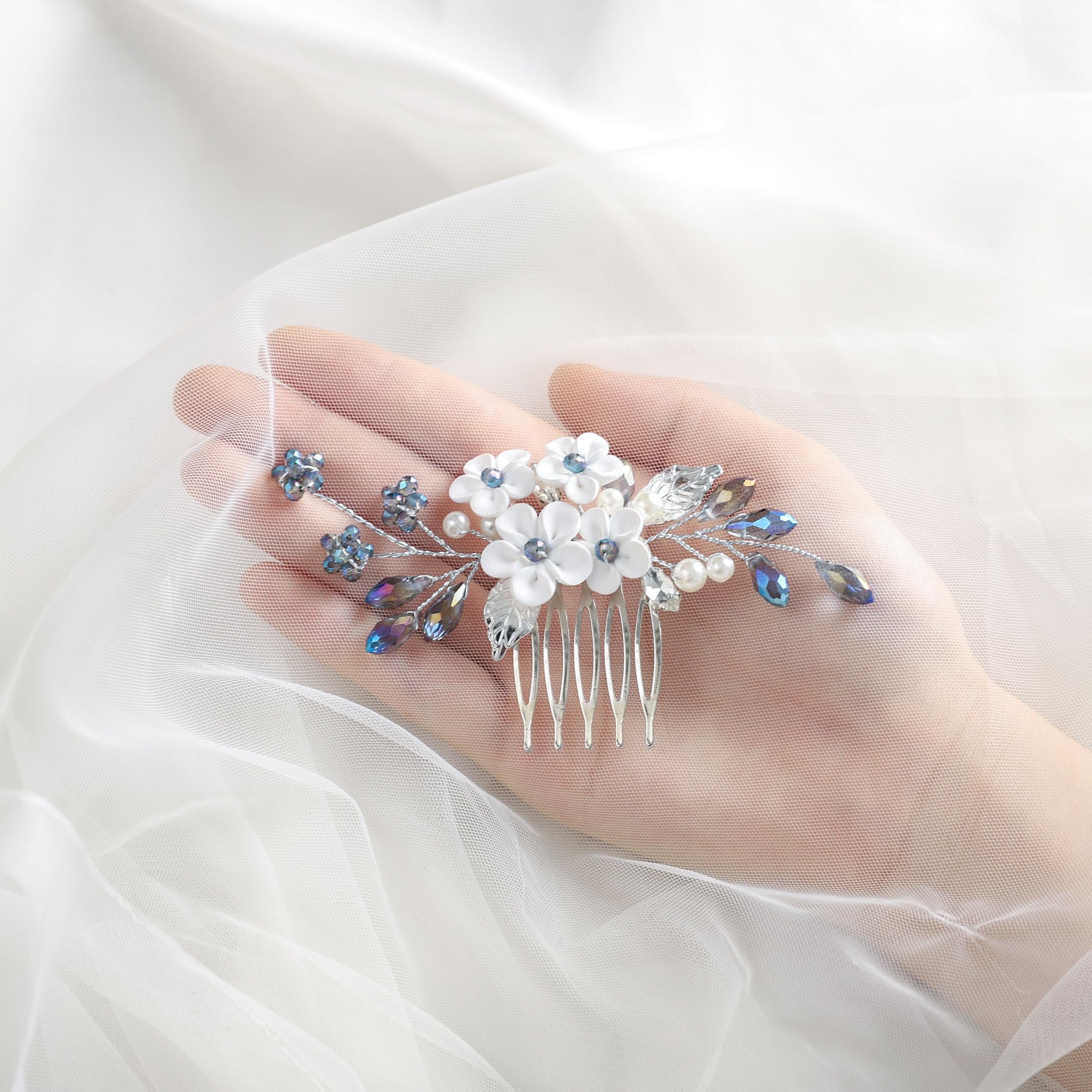 Earent Bride Wedding Flower Hair Comb Blue Crystal Hair Piece Bridal Hair Blue Bridal Hair Comb & Earrings | Rhinestone Pearl Flower  main image 2