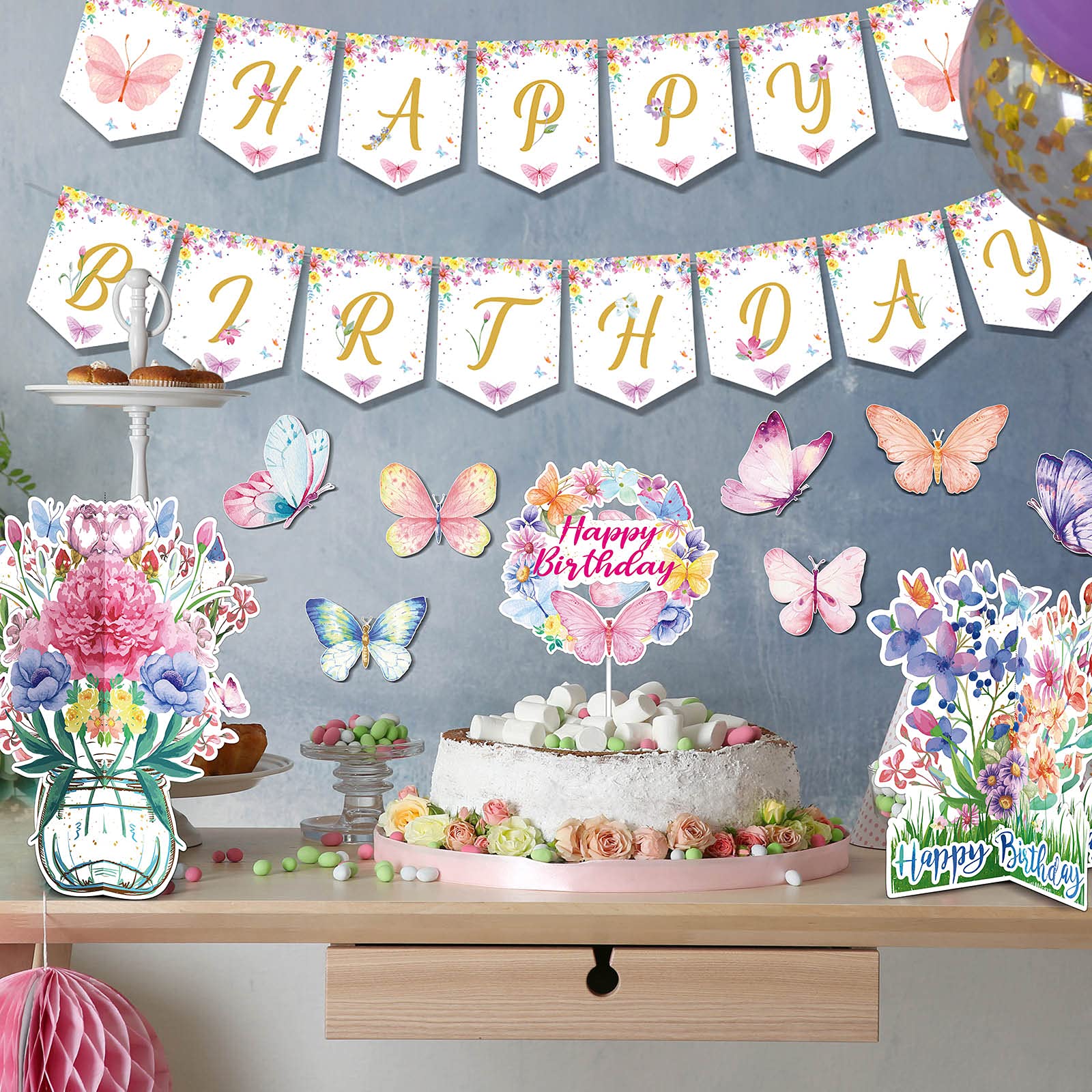36 Pieces Butterfly Party Decorations Including Butterfly Happy