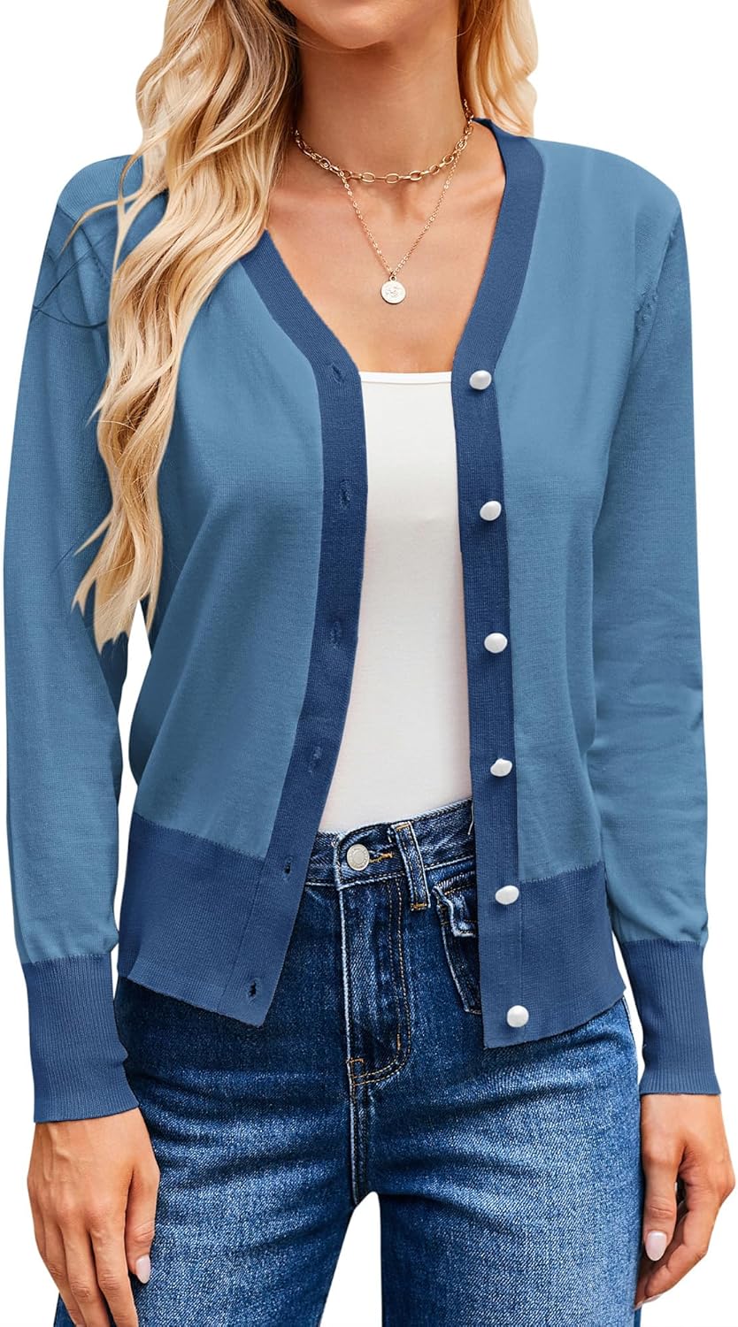 GRACE KARIN Womens Cardigan Contrast Color Block Sweaters Lightweight Long Sleeve Cropped Cardigan V-Neck Striped Shrugs