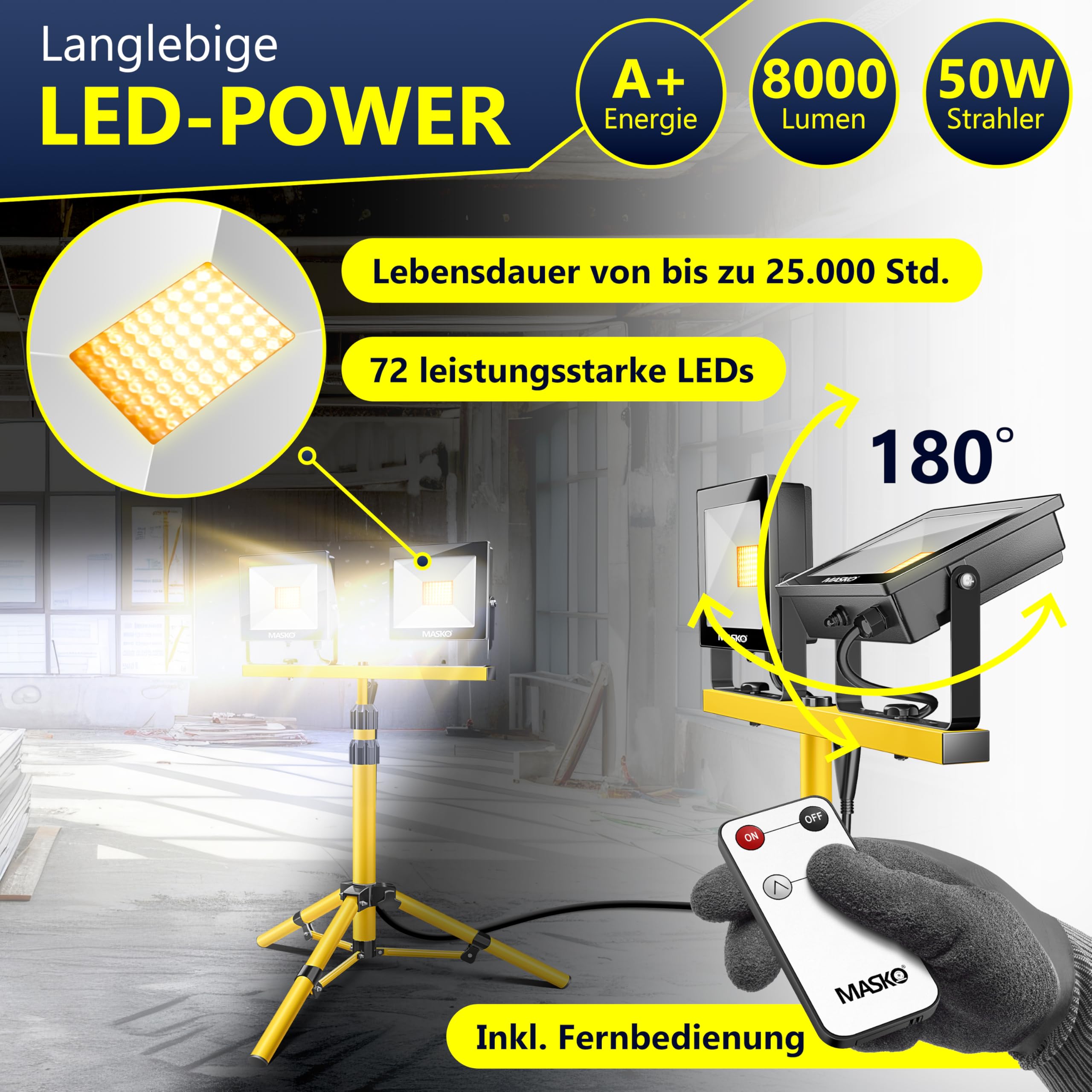 MASKO® LED Baustrahler 8000 Lumen Doppel 2x50W mit Stativ & Fernbedienung Arbeitsleuchte 72LEDs Arbeitsscheinwerfer 360° Drehbar IP65 Bauscheinwerfer 5m Kabel Baustellenlampe höhenverstellbar 86-202cm