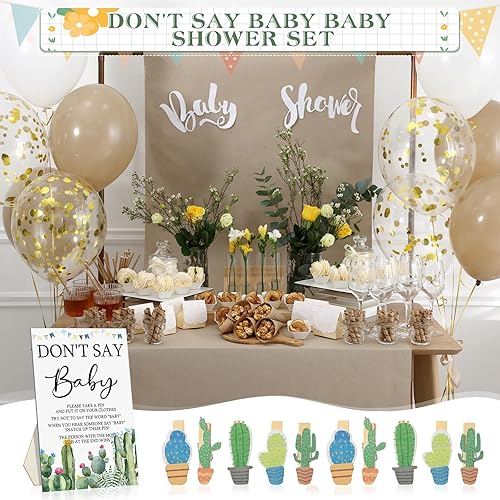 Miniatura 7 de Unittype 51 piezas de suministros para juegos de baby shower, incluyen letrero de baby shower con temática de cactus y 50 mini pinzas de cactus para