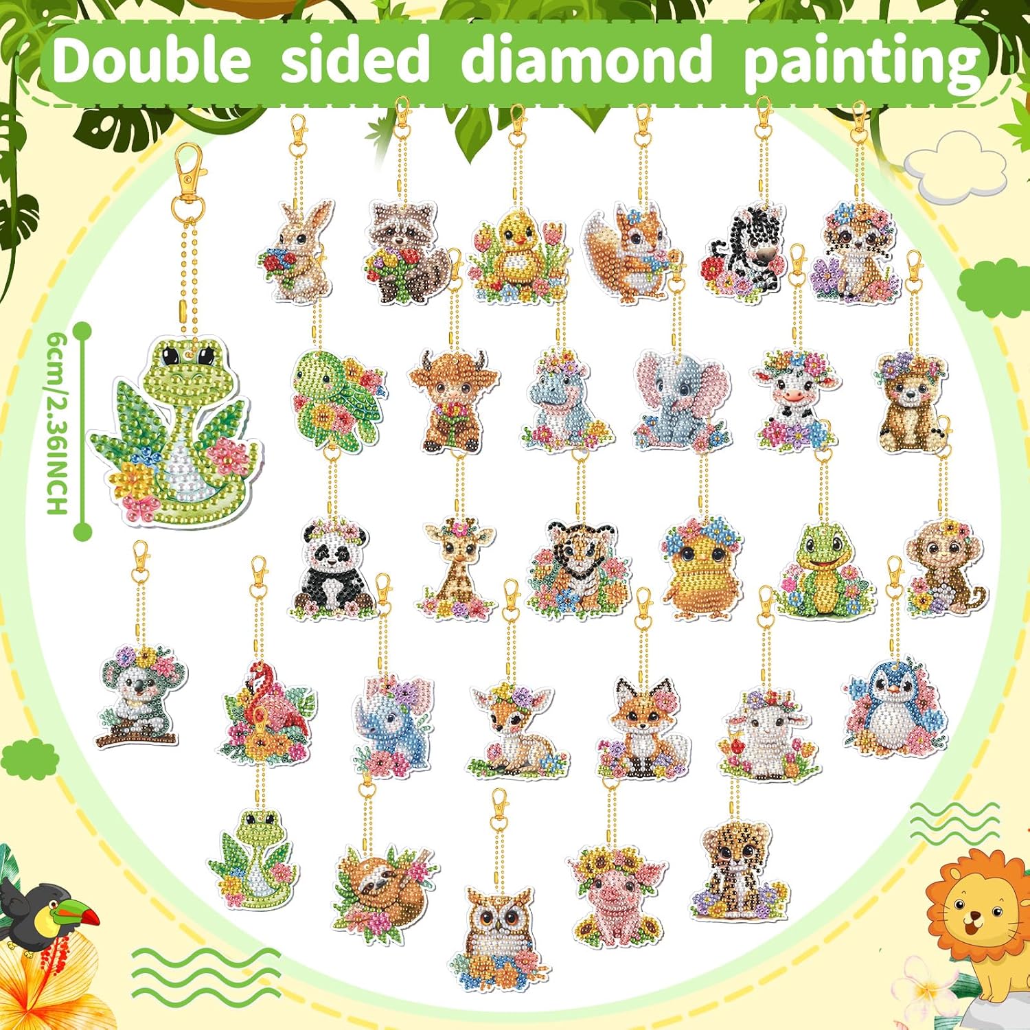 WILLBOND 30 Pcs Spring Animal Diamond Art Keychain Kits for Adults Double Sided Watercolor Animal Small Diamond Art Kits 5D Rhinestone Painting Hanging Ornaments for DIY Crafts Gifts Decor - Image 3