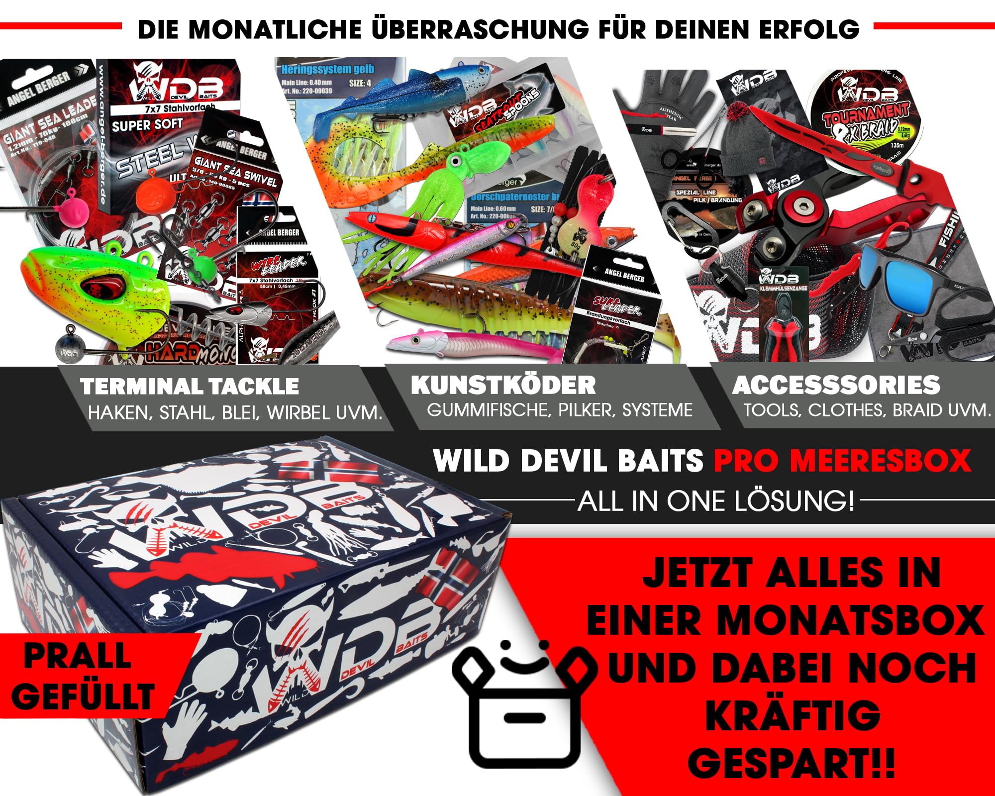 Angel-Berger Wild Devil Baits Pro Meeres Monatsbox Angelköder Meeresangeln Promo Lure Box Norwegen Geschenk Meeresangler