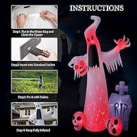 Vista 7 de Inflables de Halloween de 12 pies para exteriores, decoración de patio, fantasma blanco de terror con 3 cabezas de calavera sangrante, lápida