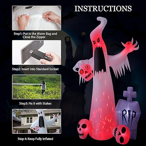 Miniatura 7 de Inflables de Halloween de 12 pies para exteriores, decoración de patio, fantasma blanco de terror con 3 cabezas de calavera sangrante, lápida de