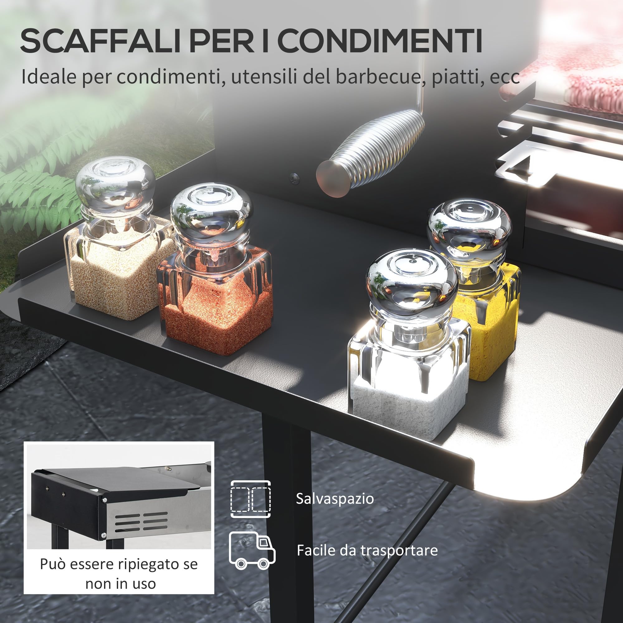 Outsunny Barbecue a Carbone 3 Livelli in Acciaio Inox con Mensole Pieghevoli e Girarrosto, 118x32x90 cm, Nero
