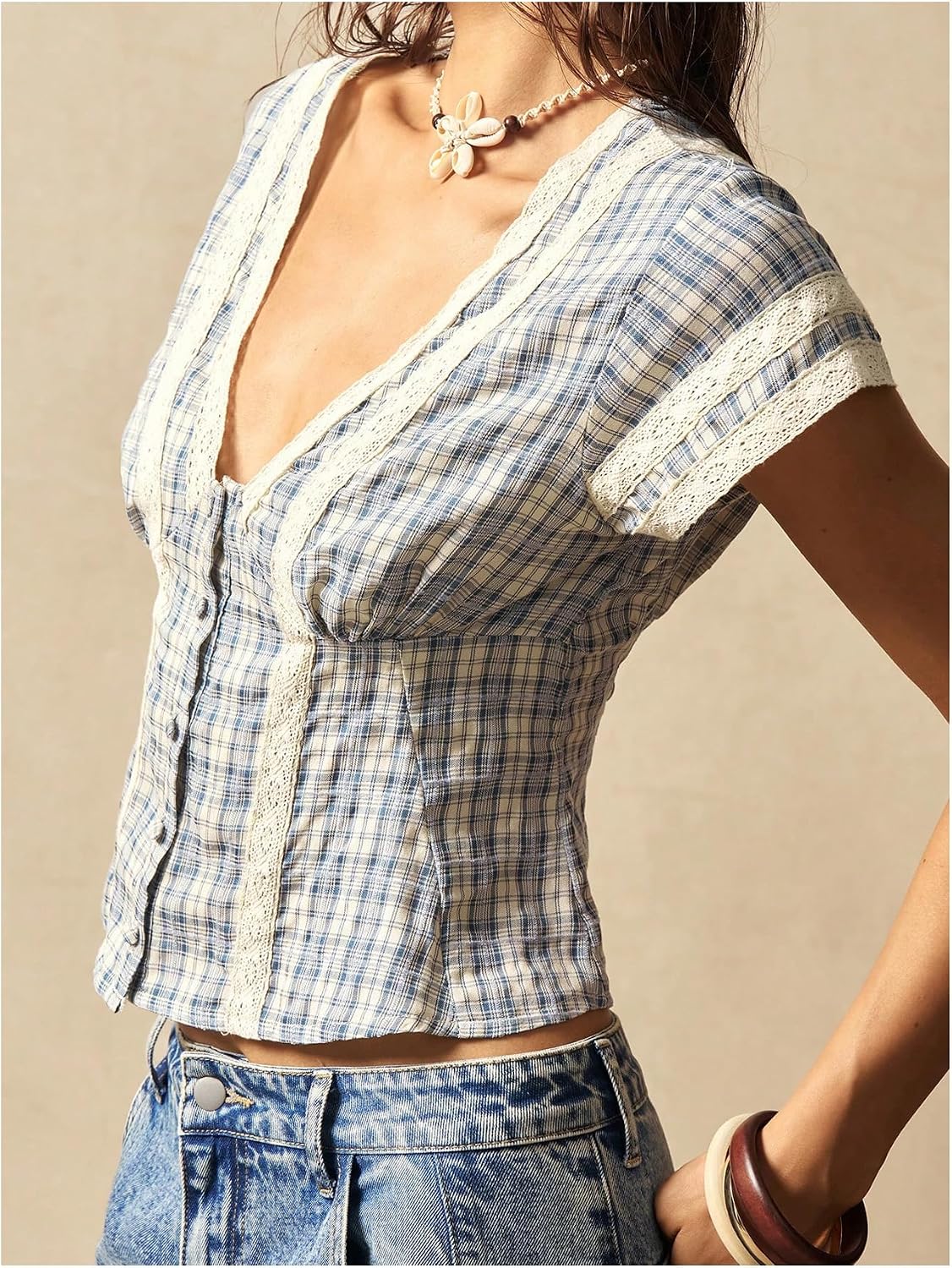 Floerns Women's Plaid Lace V Neck Blouse Boho Tops Short Sleeve Smocked Button Down Shirts