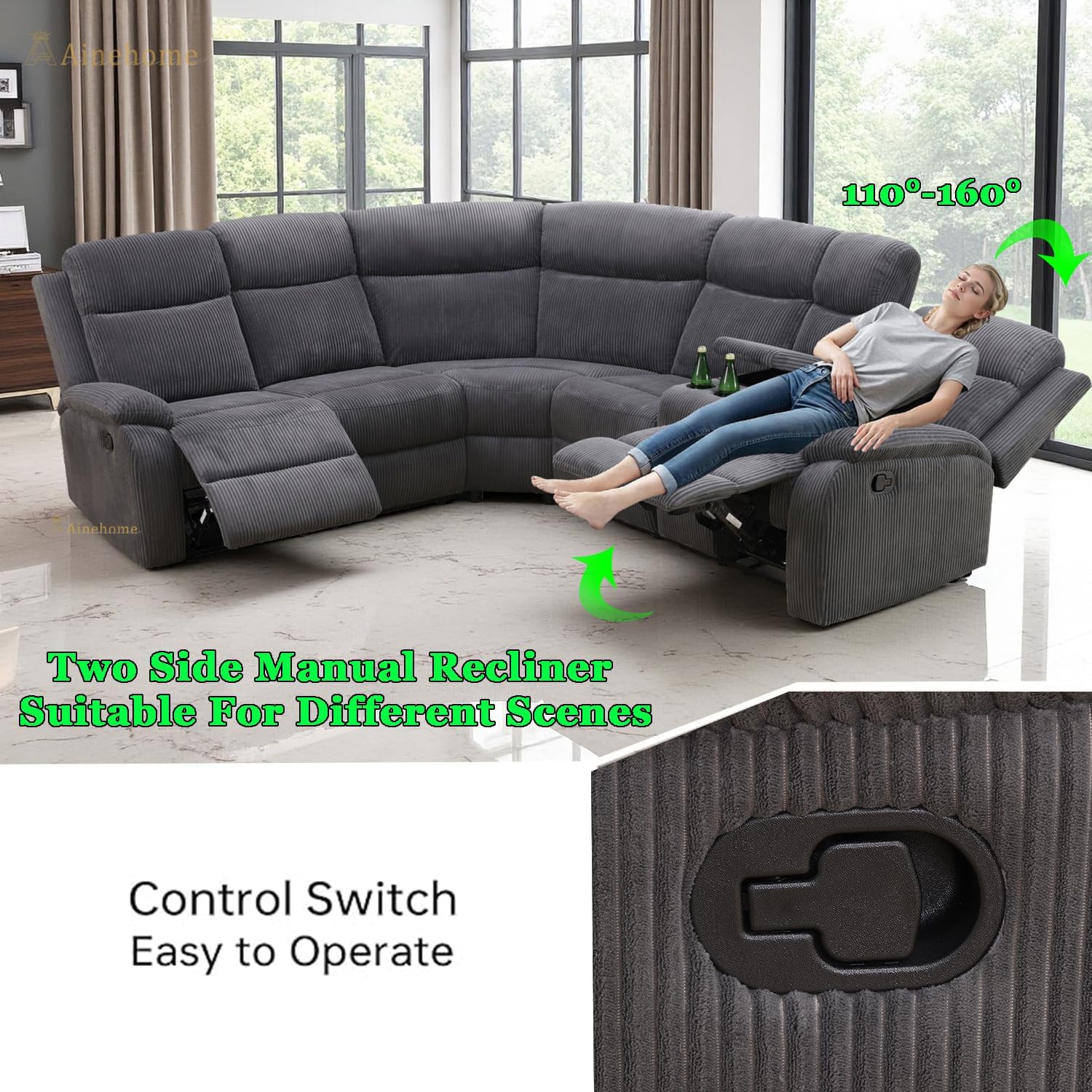 A Ainehome Living Room Furniture Sets, Sectional Recliner Sofa Set, Manual Corduroy Reclining Sectional Couches, Reclining Loveseat Corner Couch with Cup Holders/Storage for Home with 4 Recliner Seats