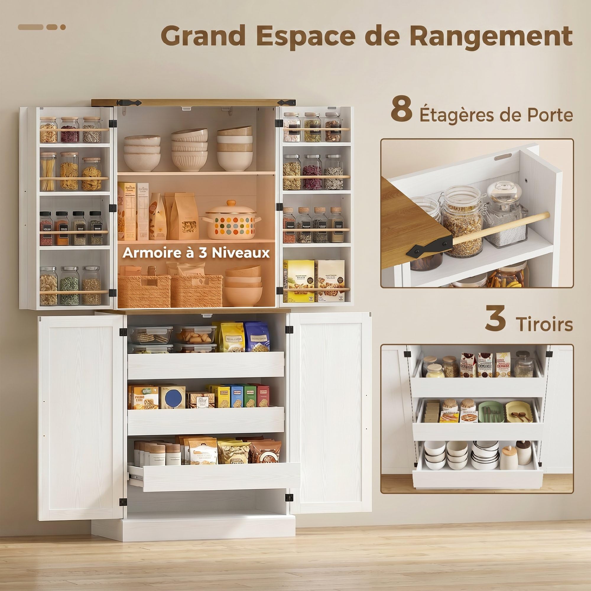 HOMCOM Buffet Haut Cuisine Armoire de Cuisine 4 Portes 76x40x182cm Blanc | Vaisselier, 3 Tiroirs, 8 Porte-Racks, Étagères Réglables, Style Rustique, Meuble de Rangement Salon, Salle à Manger