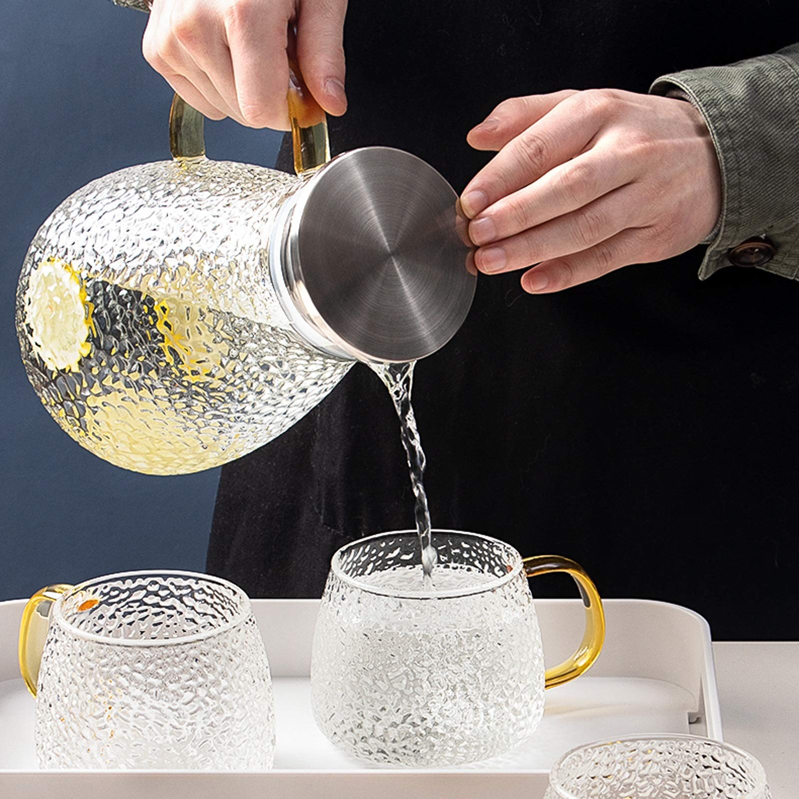 Pichet Ménagère Haut Borosilicate Matériau Verre Cafare avec pichet en Acier Inoxydable résistant à la température Haute température avec couvercle-1500ml Pichets