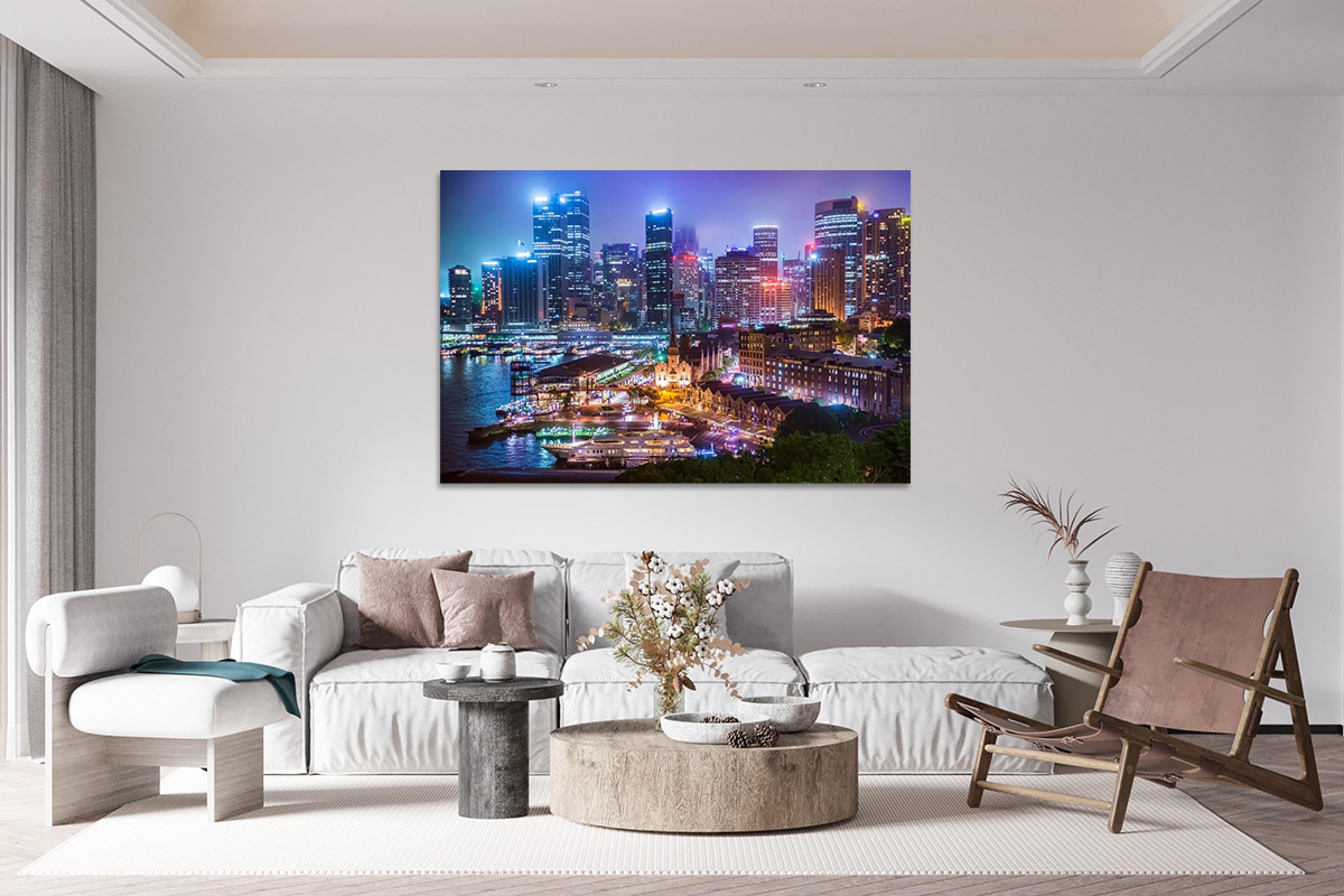Stadtlandschaft Leinwandbild Fertig zum Aufhängen-Landschaftsbilder auf Leinwand-Nachtlandschaft Gebäuden Wandbilder Wohnzimmer-Panorama Kunstdruck 30x45cm Umwickelte Leinwand