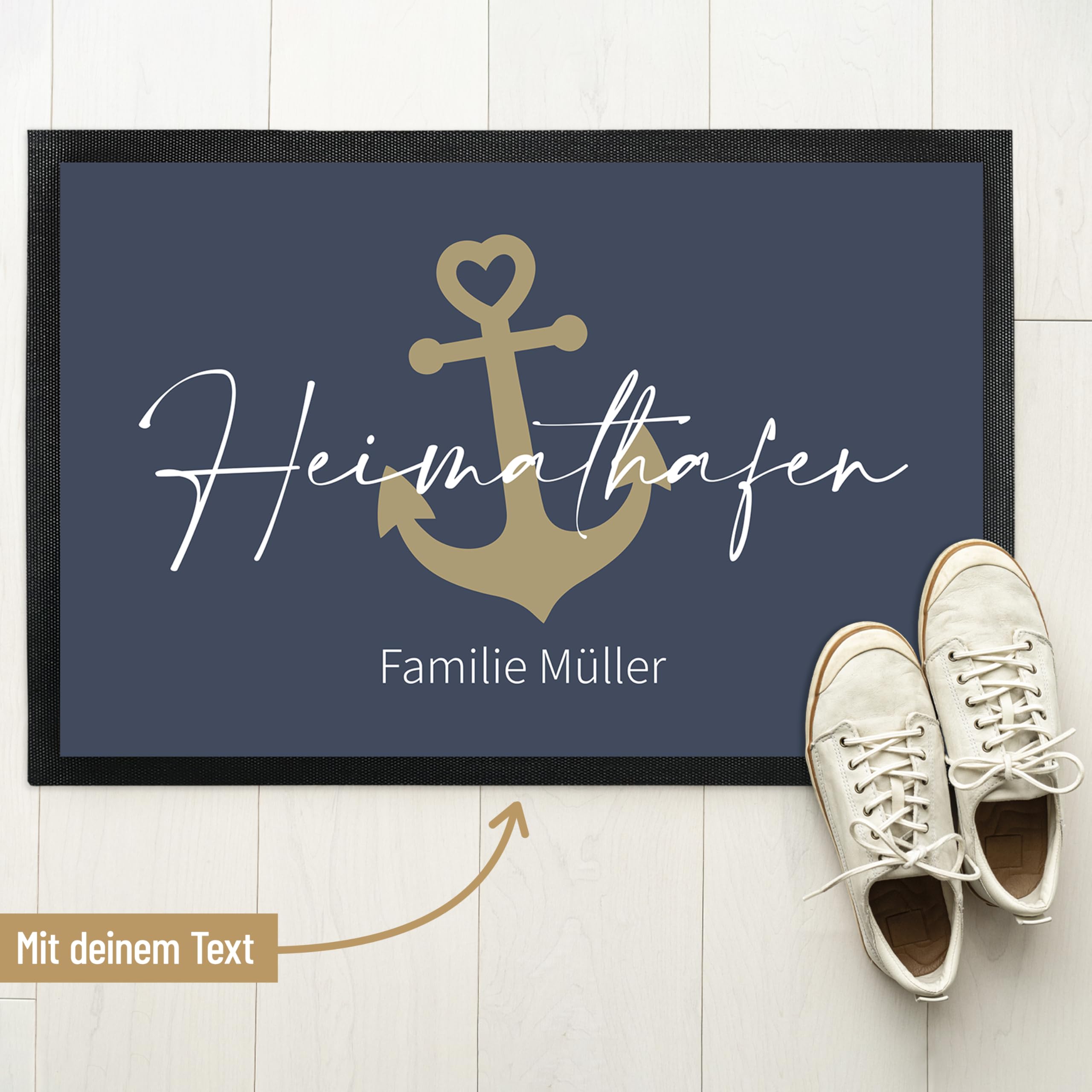 Deko-Fußmatte 75x50 cm „Heimathafen“ personalisiert mit Wunschtext - extra dünne Türmatte mit rutschfester Rückseite & Velours-Oberfläche - Deko-Matte für Flur & Wohnung - Geschenk zum Einzug