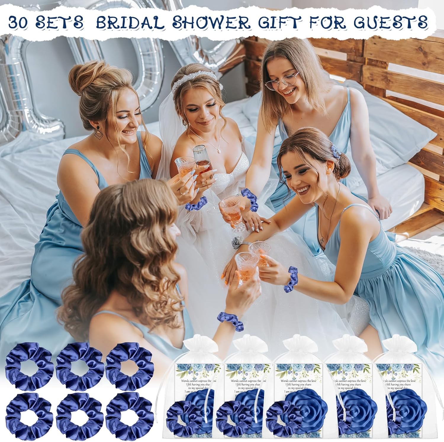 XunYee 30 Sets Bridal Shower Favors for Guests 30 Rose Compact Mirror Bulk 30 Hair Ties Satin Elastic Scrunchies 30 Thank You Card and Organza Bags Souvenir Gift for Wedding Party Favors (Dusty Blue)