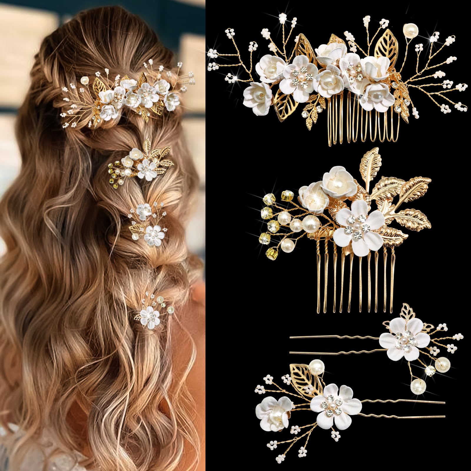 Forcine per capelli da sposa con fiori e foglie dorate con strass, fermagli per capelli da sposa, accessori per capelli per spose, damigelle d'onore, ragazze, donne, cene di nozze, anniversario