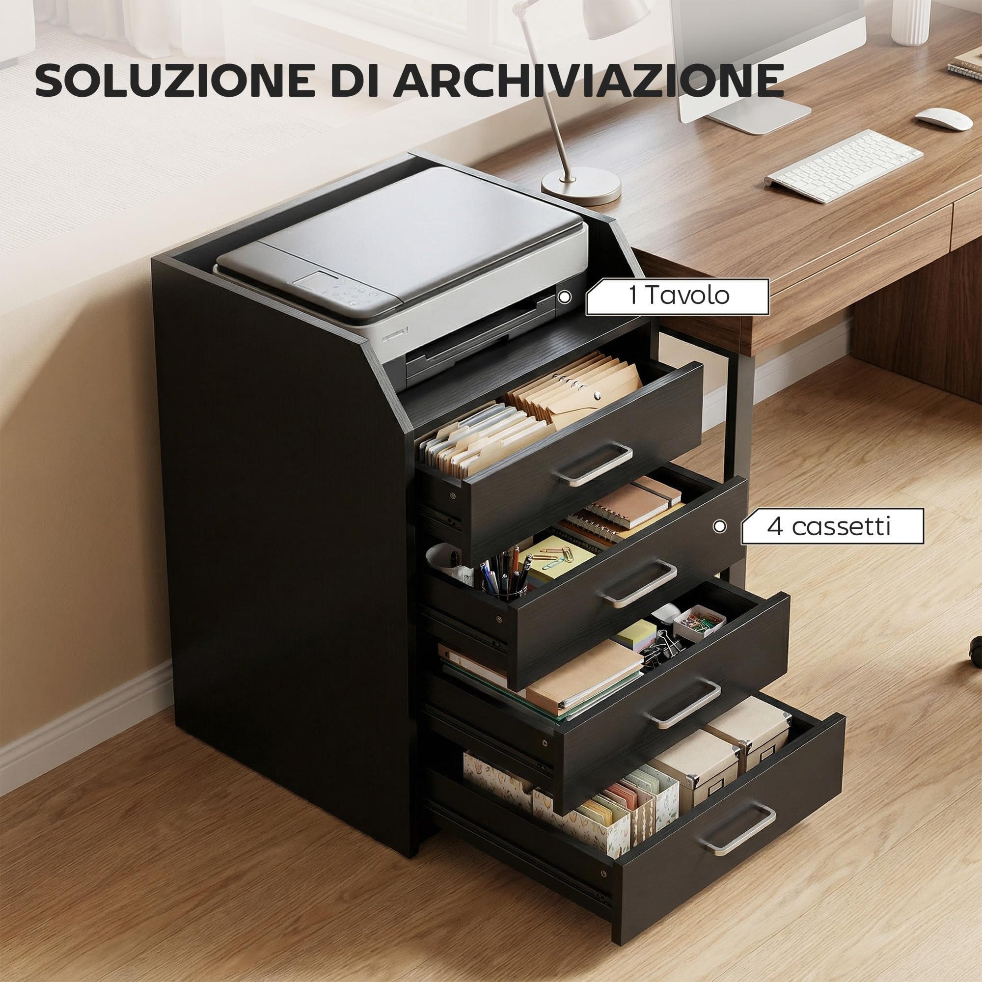 Vinsetto Schedario da Ufficio con 4 Cassetti, Ruote a Freno, Cassettiera Scrivania per Lettera Documenti, Ripiano, Cassettiera Ufficio per Studio Sotto Scrivania, 40x36x65 cm, Effetto Legno Nero