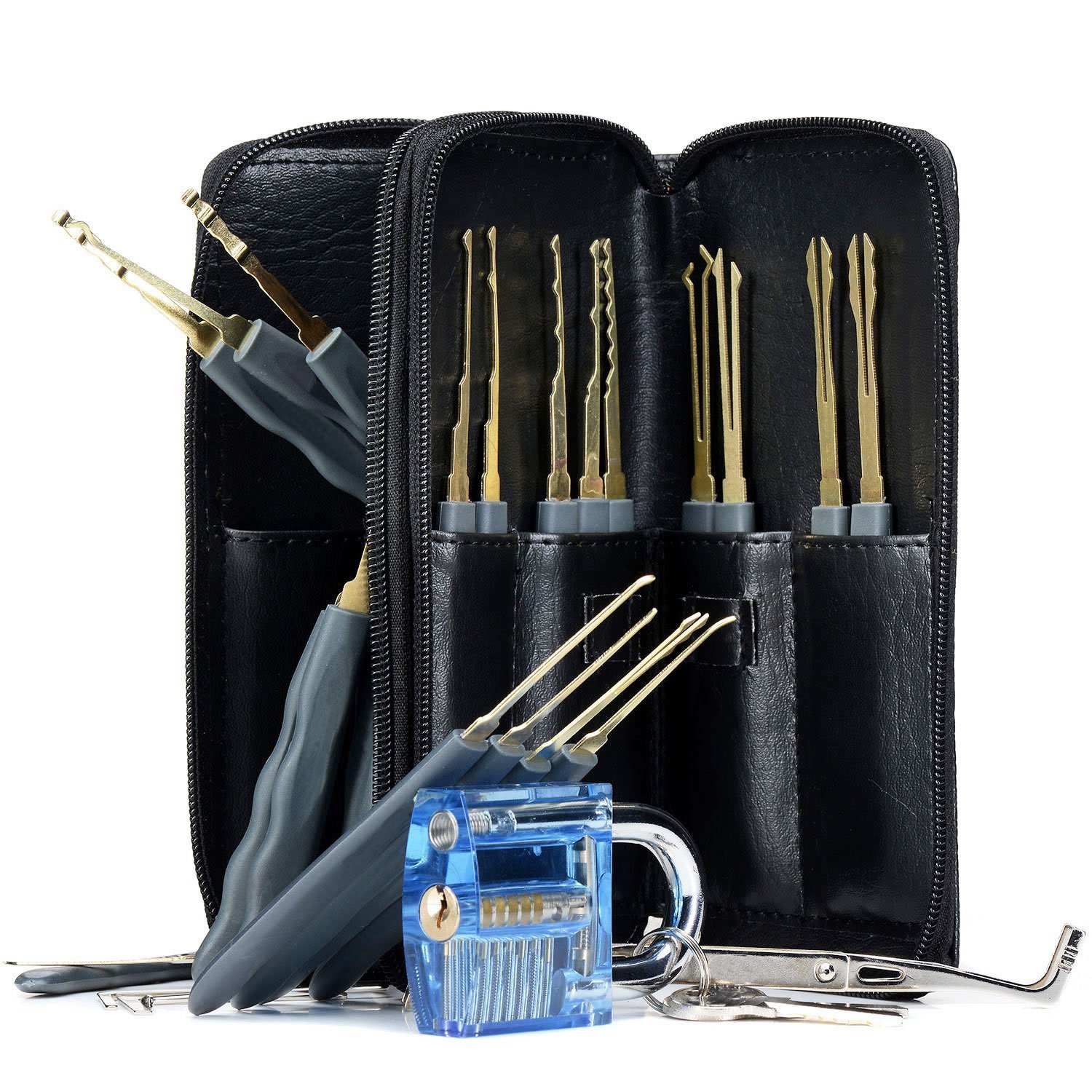 Geepro 25 Pieces Premium Practice Lock Pick Set, One Blue Visible Cutaway Inside View Padlocks with 2 Keys, 24pcs Various Picks Crochet Hook, Wrenches