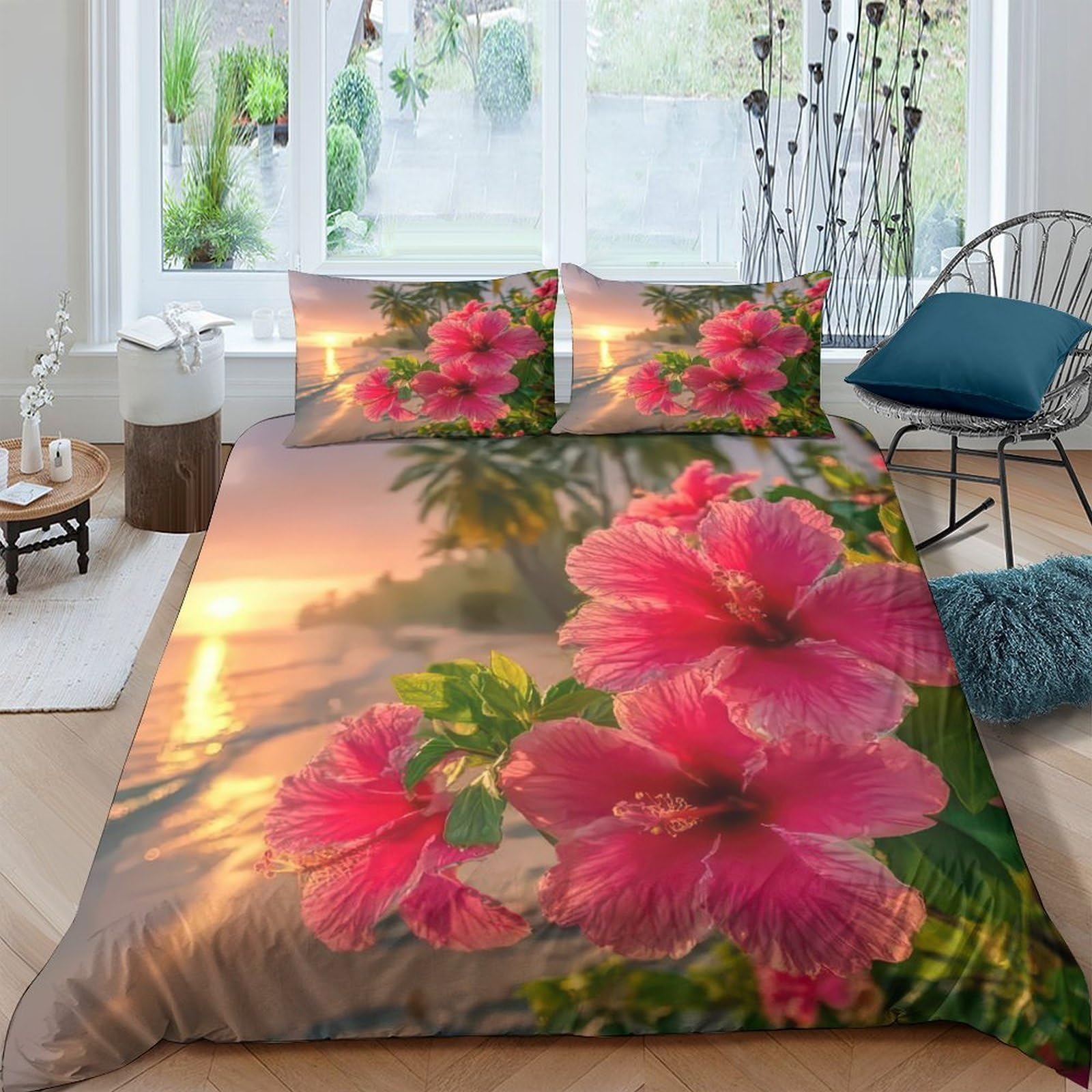 Ctjqhvkz Style-6 3D Printed Tropical Sunset Fitted Sheet Microfiber Pink Hibiscus Mattress Cover, Anti-Slip, Easy Care For Bedroom, Guest Room, Home Decor Single（135X200cm）