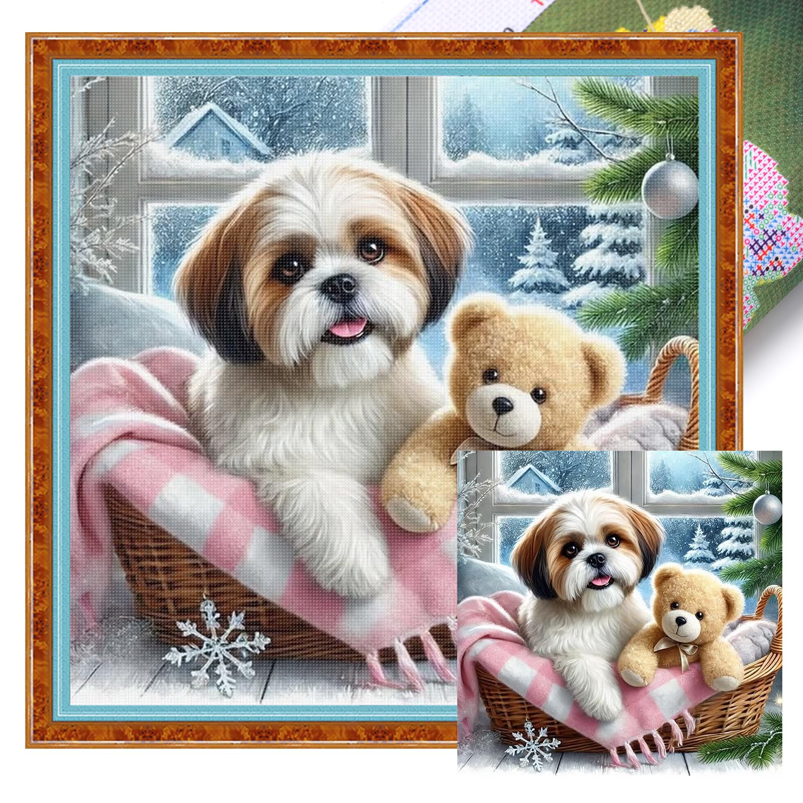 Poetrydraw Shih Tzu And Bear Shih Tzu And Teddy Full 11Ct Diy Stamped Cross Stitch Kits 45X45cm Home Decor (Shih Tzu And Bear)