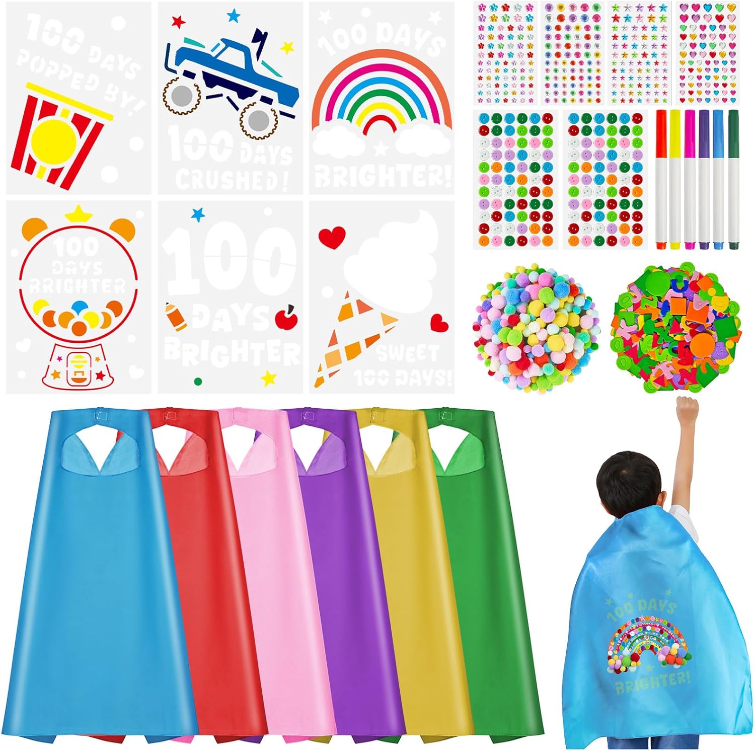 Cinrobiye 6 Set DIY 100 Days of School Costume Craft kit 100th Day of School Capes with Pom Poms Gem Stickers for Home School Superhero Cape Dress up Birthday Party Favor Gifts