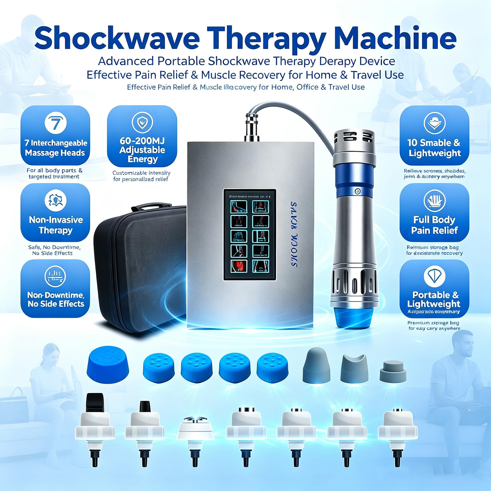 Terapia d'urto focalizzata extracorporea, macchina ad onde d'urto ED con 7 sonde, energia regolabile da 60 ~ 200 MJ, massaggiatore muscolare profondo, non invasivo, per alleviare il corpo umano