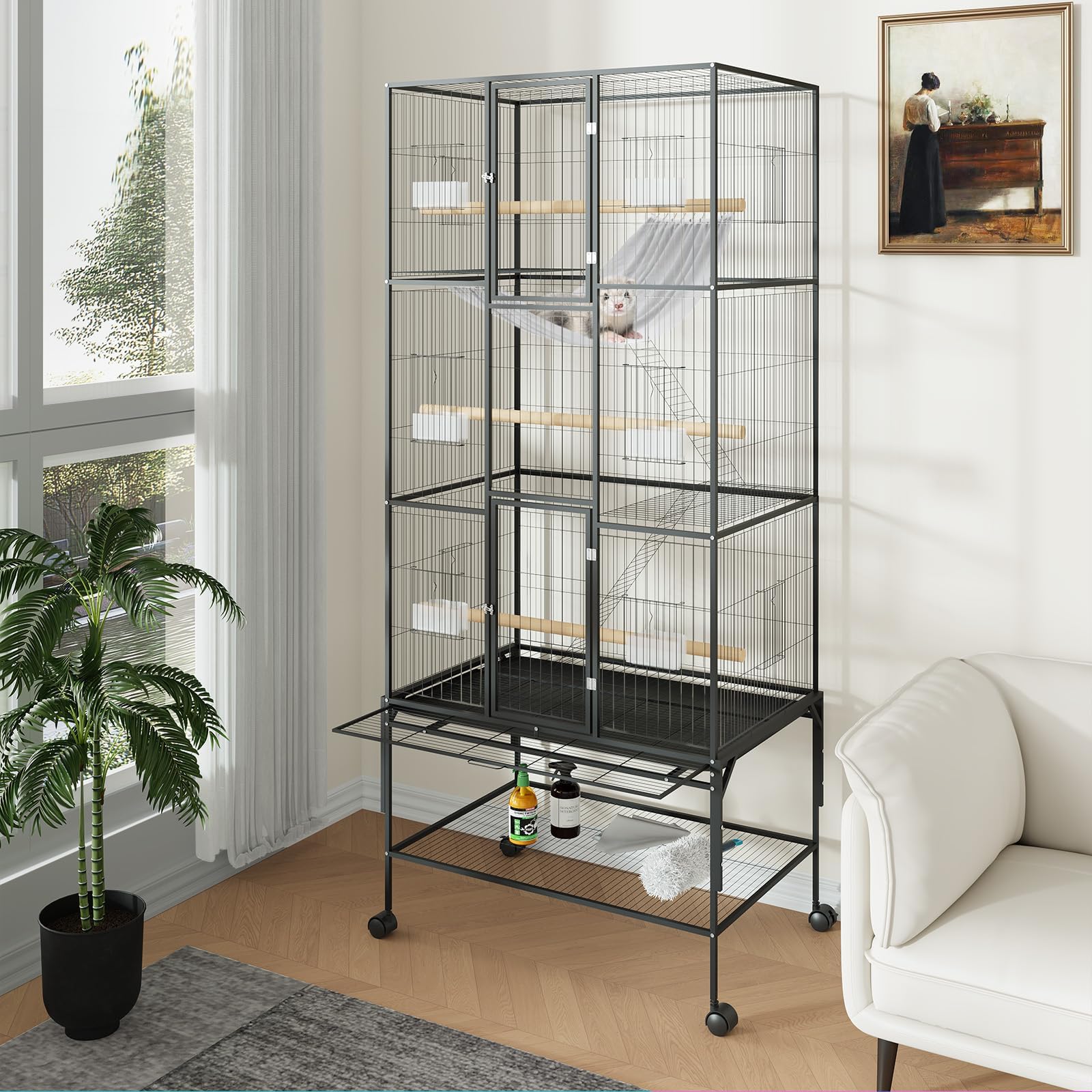 Aptliton Bird Cage Metal Large Parrot Budgie Cage Aviary Flight Cage for Canary Bird Aviary Cockatiel with Detachable Stand, Rolling Wheels, Easy Cleaning Tray, Feeding Bawls, Perch Stand, 81x46x175Cm