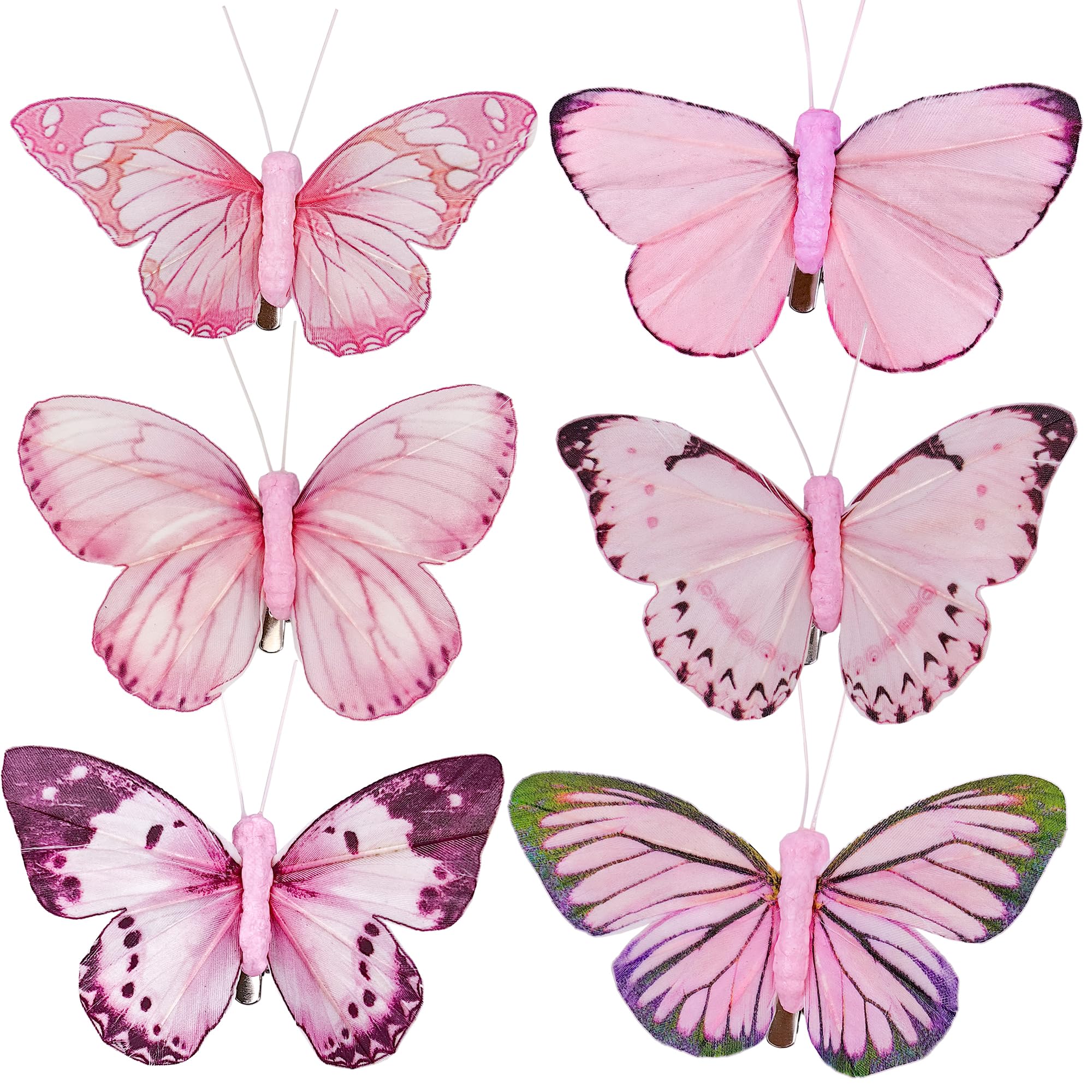 Berfutall-Artificial Feather 3D Butterfly Party Decorations Set of 12 with Clip 6 Color Pink Ornaments for Christmas Tree