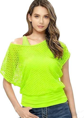 MAGICMK Conjunto de 2 piezas de disfraces de los años 80 para mujer, camiseta sexy de red neón con hombros descubiertos, traje de fiesta casual retro