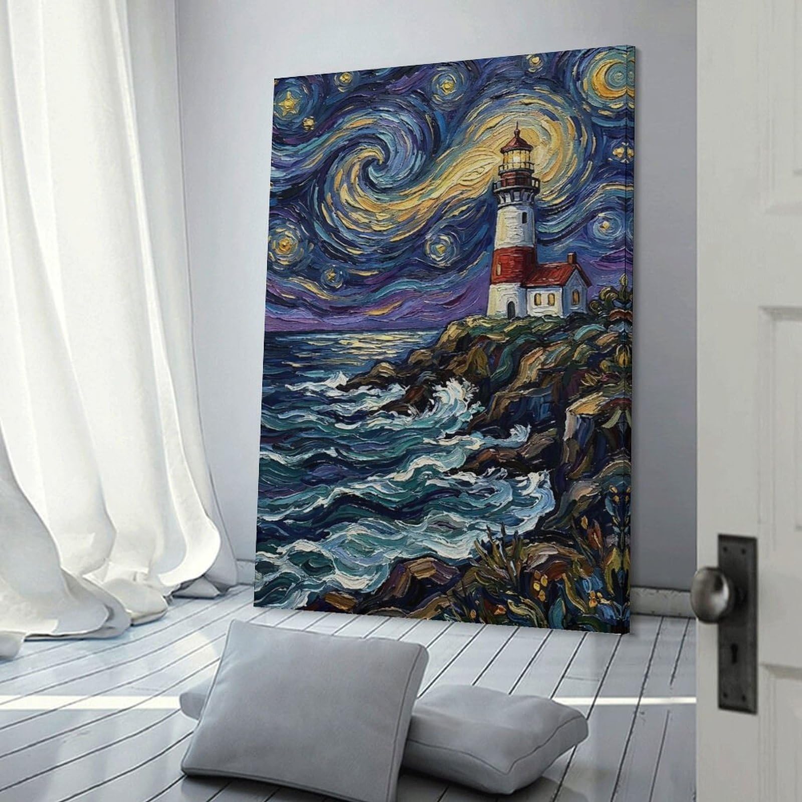 Junmoney Starry Night Lighthouse Painting Canvas Wall Picture, 20x30inch(50x75cm), for Wall Displays, Bedrooms Or Room Updates, Wall Decor Suited to Curated Displays