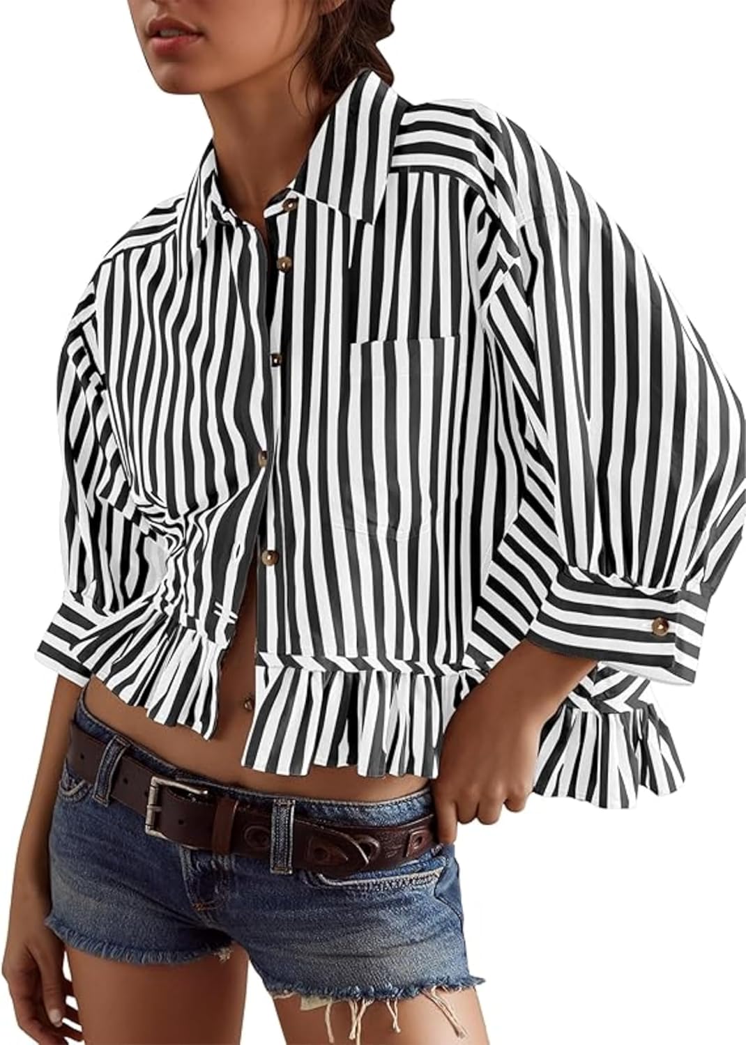 Womens Casual Oversized Striped Button Down Shirt 3/4 Sleeve Cropped Peplum Ruffled Hem Babydoll Blouse Tops