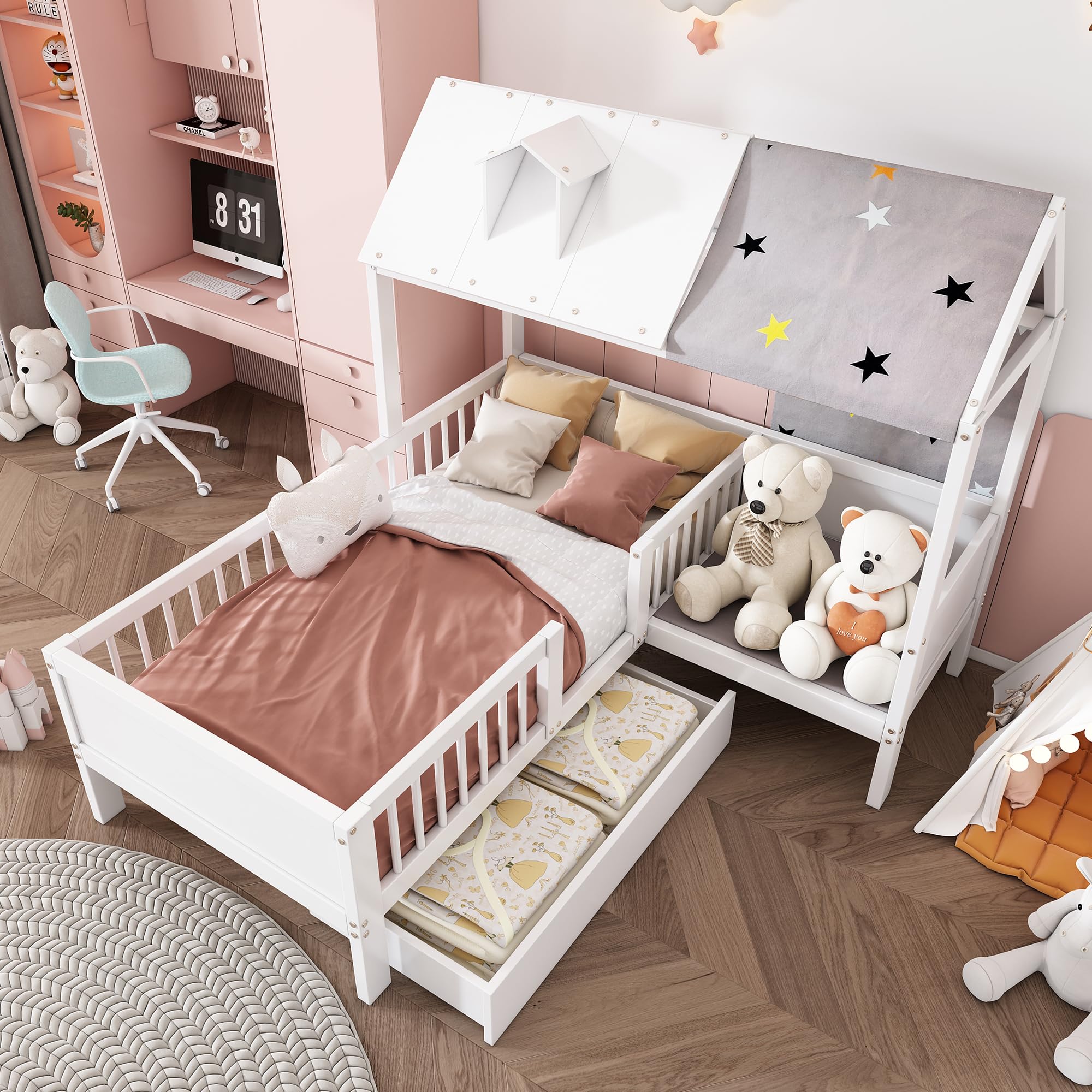 Kinderbed, boomhuis, 90 x 200 cm, met valbescherming en lattenbodem, veelzijdig kinderhuisbed met laden, twee opbergroosters en ladder, voor jongens en meisjes, wit