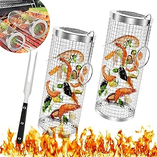 Rolling Grilling Baskets 2 Pcs, Round BBQ Grill Basket with Forks, Stainless Steel Grill Nets Cylinders for Outdoor Grilling, Portable Barbeque Net Tube for Vegetable, Fish, Meat, Fries