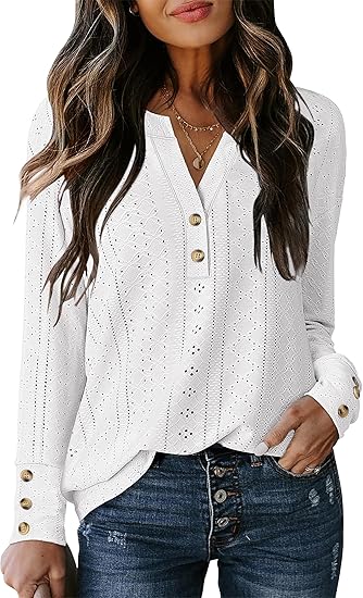 ANRABESS Womens Eyelet Tops Long Sleeve Henley Shirts Business Dressy Casual Blouse Vacation T-Shirt 2025 Fall Outfits