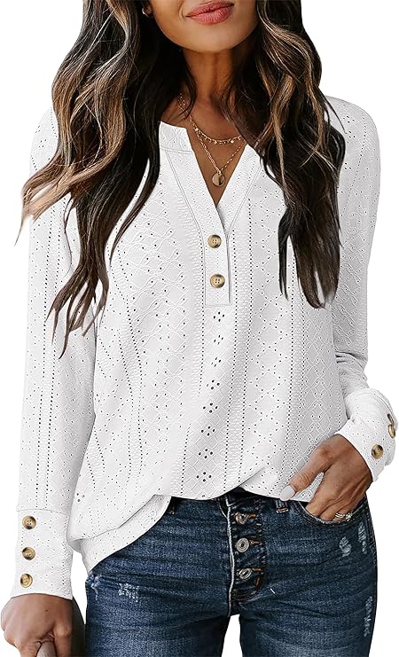 ANRABESS Womens Eyelet Tops Long Sleeve Henley Shirts Business Dressy Casual Blouse Vacation T-Shirt 2025 Fall Outfits