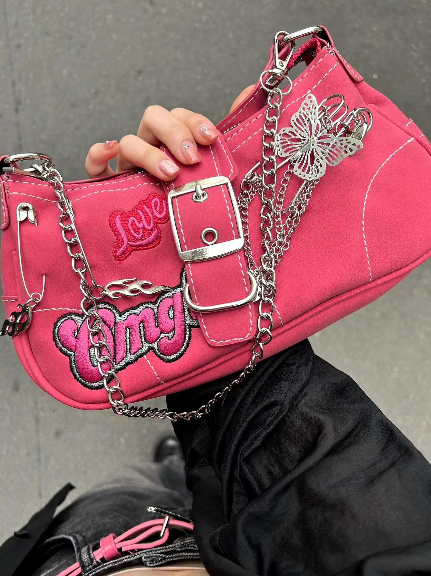 FONETTOS Punk Bag, Sourpuss Gothic Tote Purse Y2K Cool Style Trendy Women Shoulder Bags Rock Fashion Girls Handbag: L-rose Red