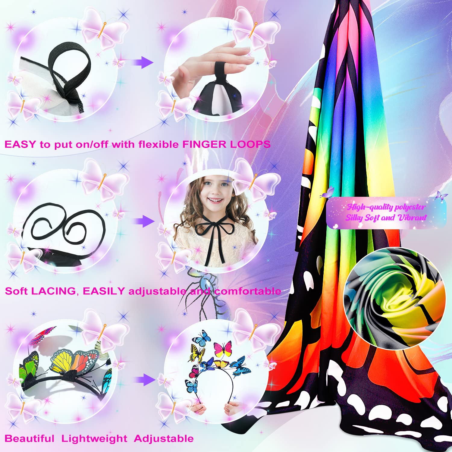 plainshe Alas de mariposa para niñas, disfraz de mariposa para Halloween, alas de hadas para niños, juego de 3 capas de mariposa