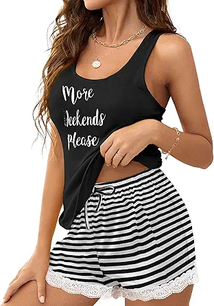 Ekouaer Womens Pajama Sets Sleeveless Tank Top and Shorts Pj Set Lace Hem Sleepwear S-XXXL